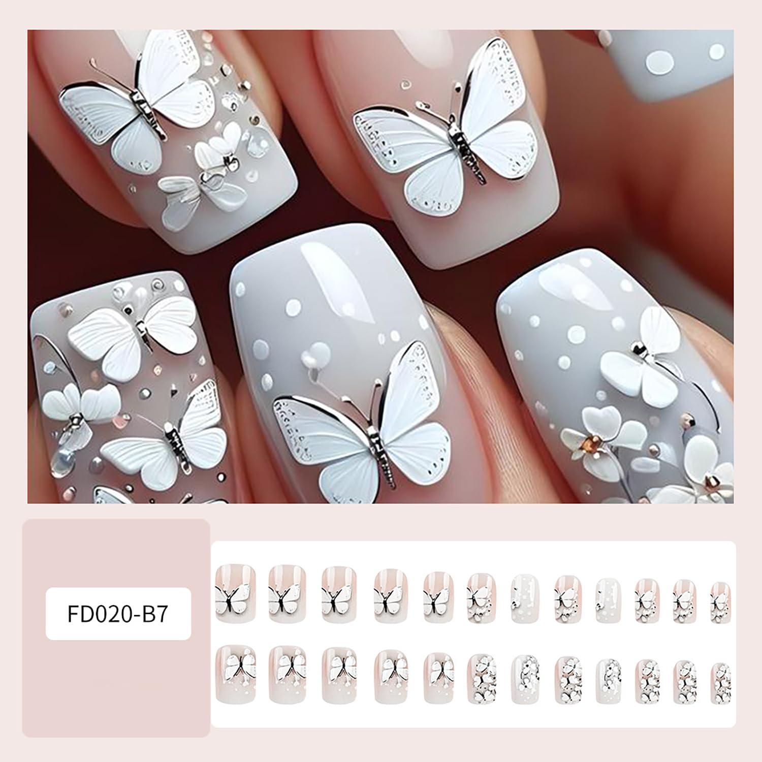 Uñas Postizas 3D Mariposa TBRZTR 24 Pcs Rosa Nude