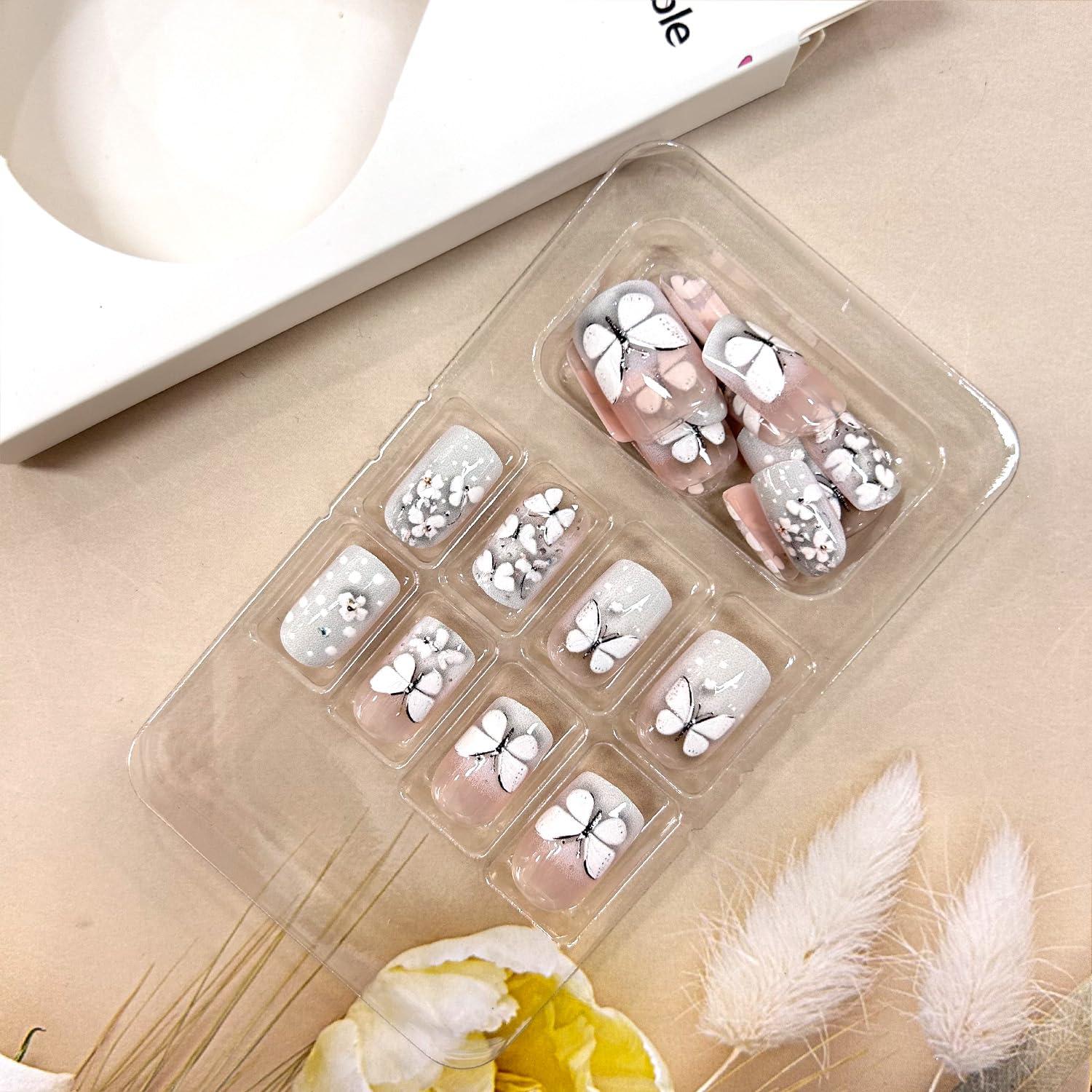 Uñas Postizas 3D Mariposa TBRZTR 24 Pcs Rosa Nude