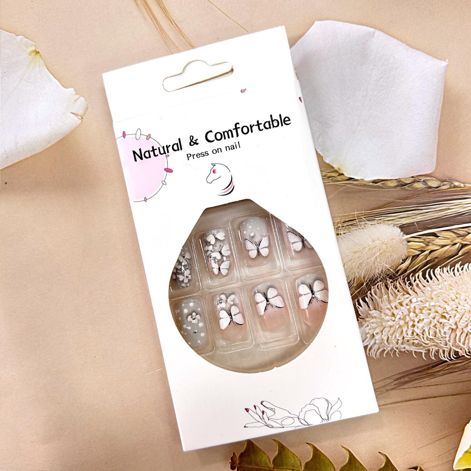 Uñas Postizas 3D Mariposa TBRZTR 24 Pcs Rosa Nude