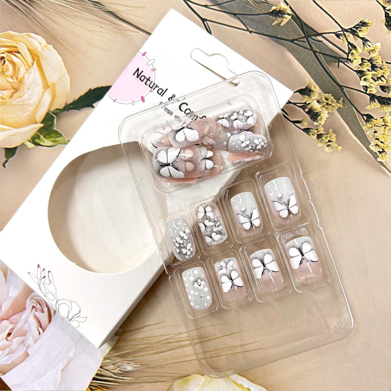 Uñas Postizas 3D Mariposa TBRZTR 24 Pcs Rosa Nude