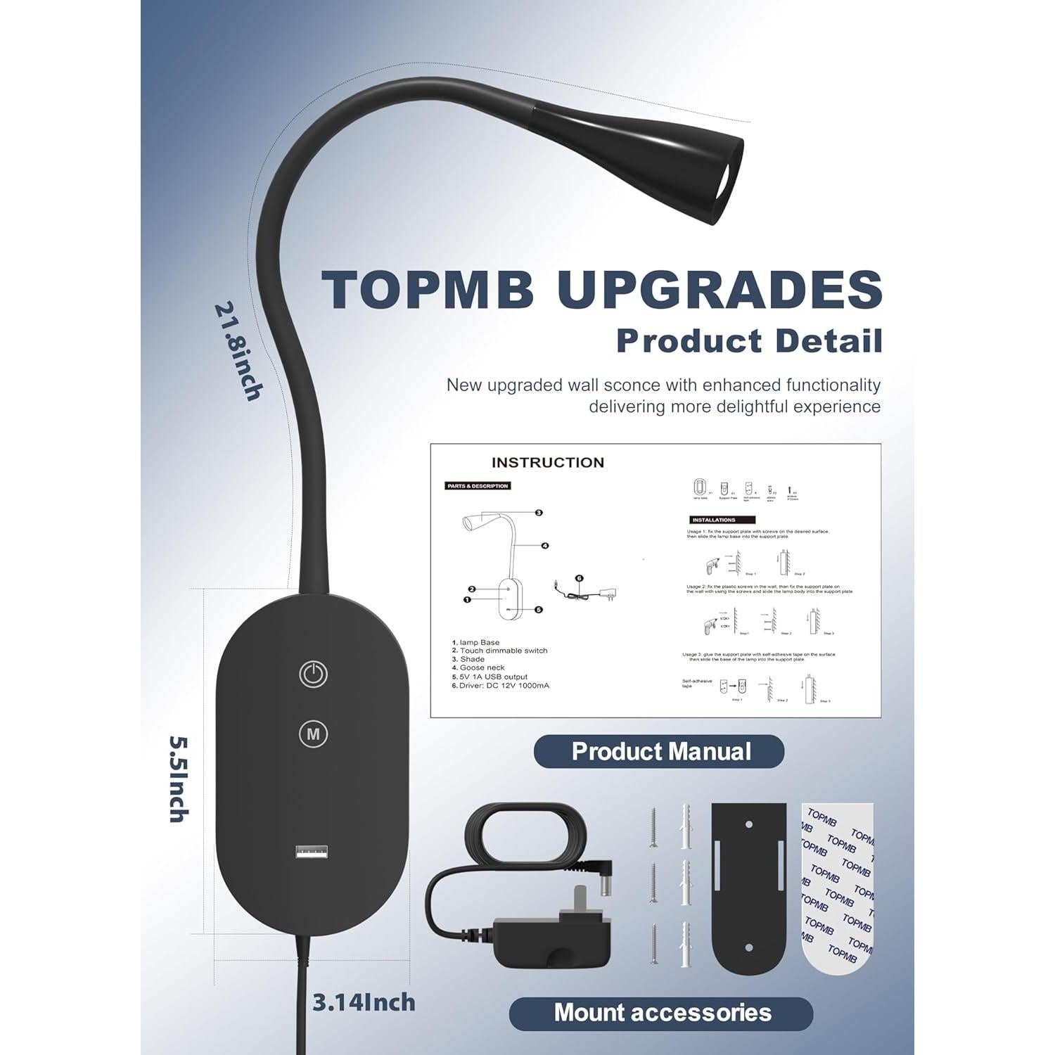 Lámpara de Lectura de Pared TOPMB Negra 4 Modos de Color