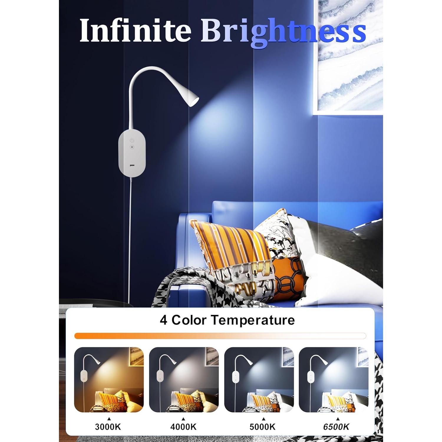 Lámpara de Lectura de Pared TOPMB Negra 4 Modos de Color