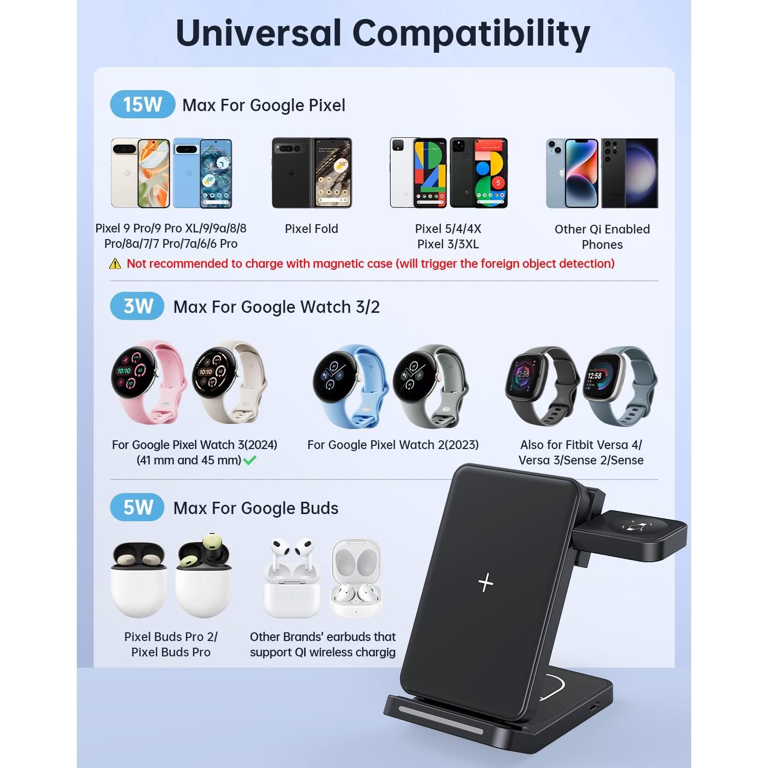 Cargador Inalámbrico 3 en 1 Houflody para Google Pixel