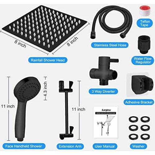 Cabezal de Ducha Kaqinu 20 cm Lluvia y Mano Negro Mate