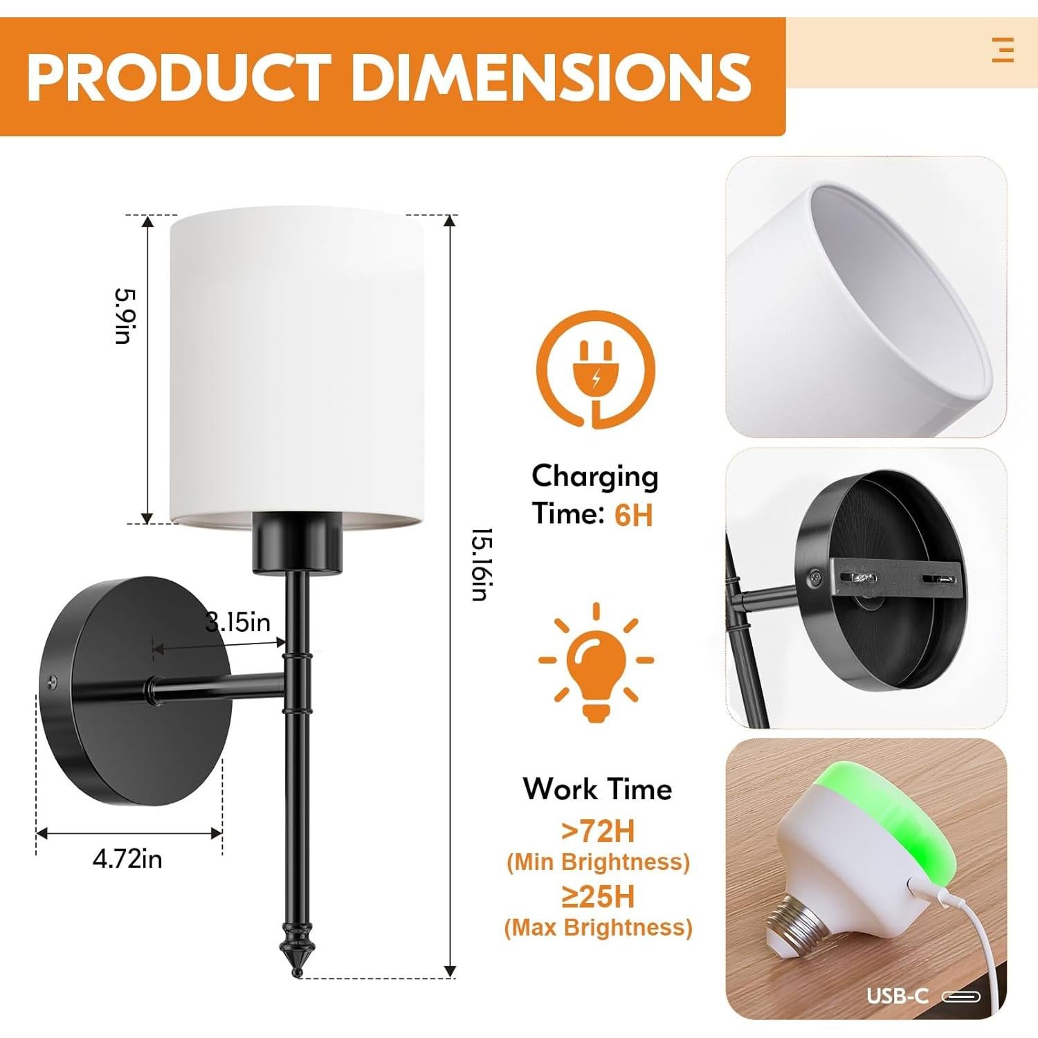 Apliques de Pared Inalámbricos NIORSUN 38 cm, Juego de 2, Recargables