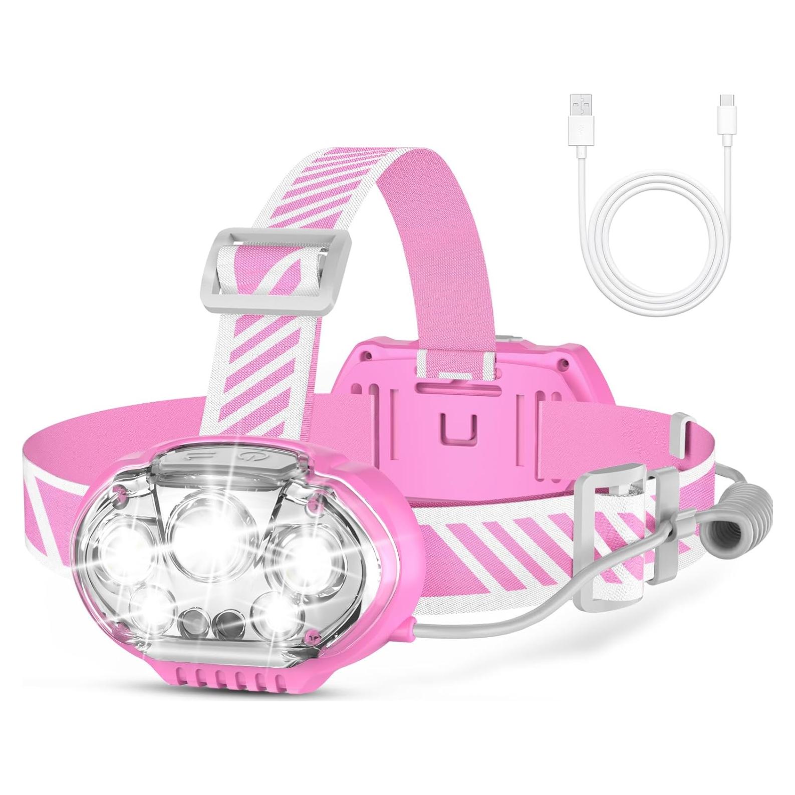 Linterna Frontal Recargable MIOISY Rosa 5 LED IPX4 12 Modos