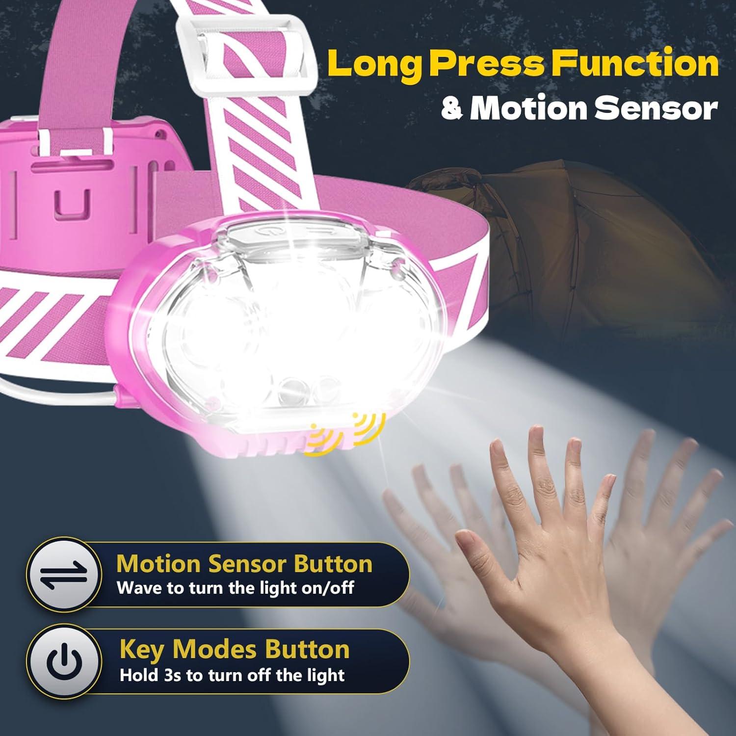 Linterna Frontal Recargable MIOISY Rosa 5 LED IPX4 12 Modos