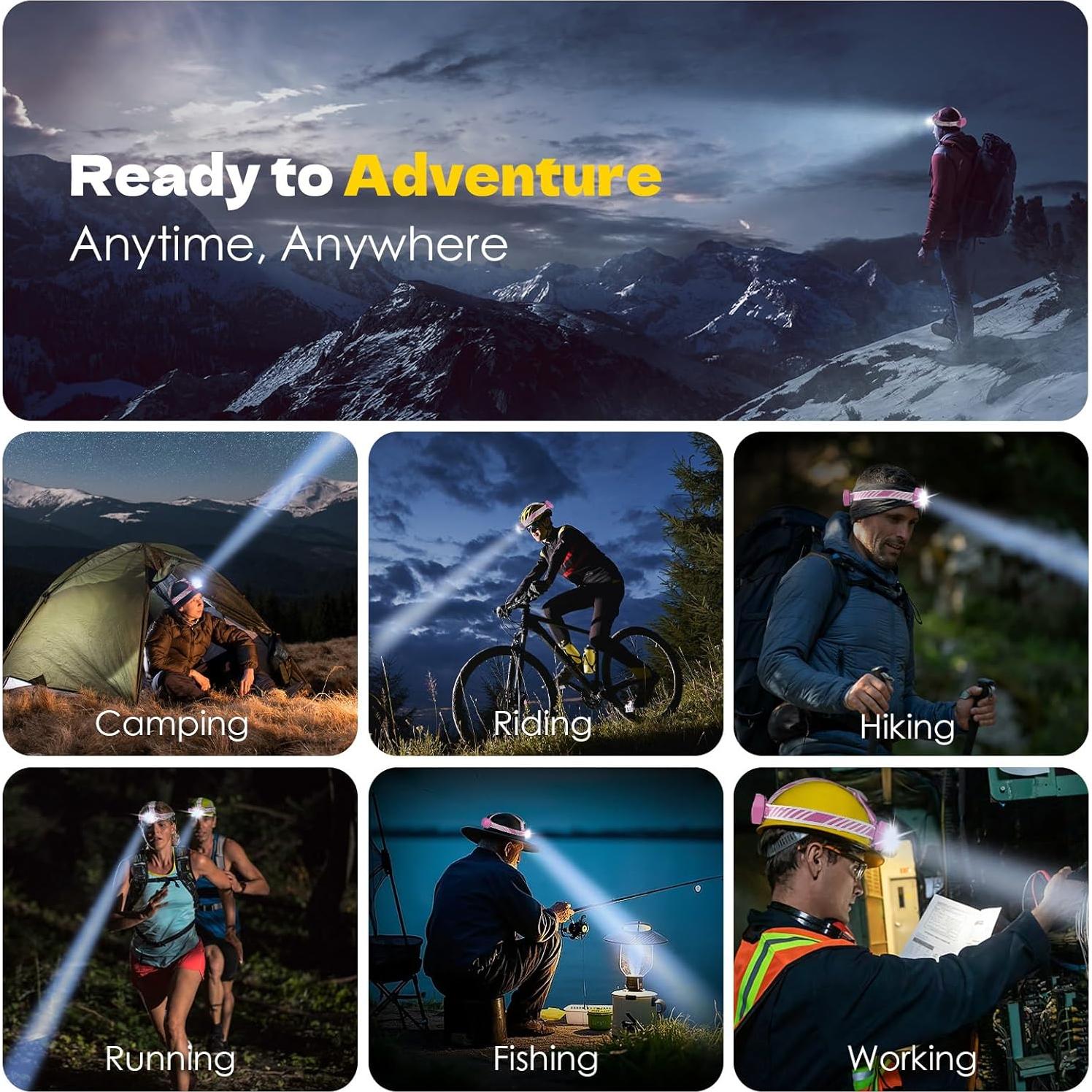 Linterna Frontal Recargable MIOISY Rosa 5 LED IPX4 12 Modos