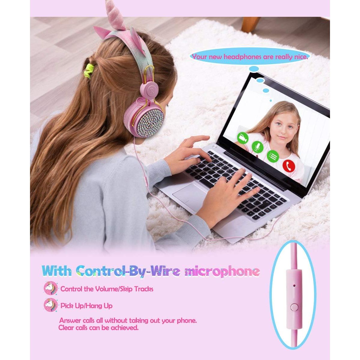 Auriculares con cable SVYHUOK Unicornio Rosa 85dB para Niños