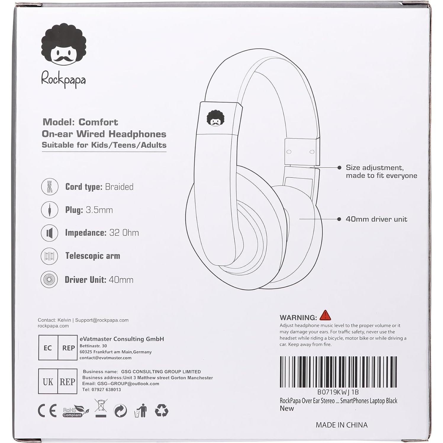 Auriculares Rockpapa Comfort para Niños con Cable 3.5mm Negro