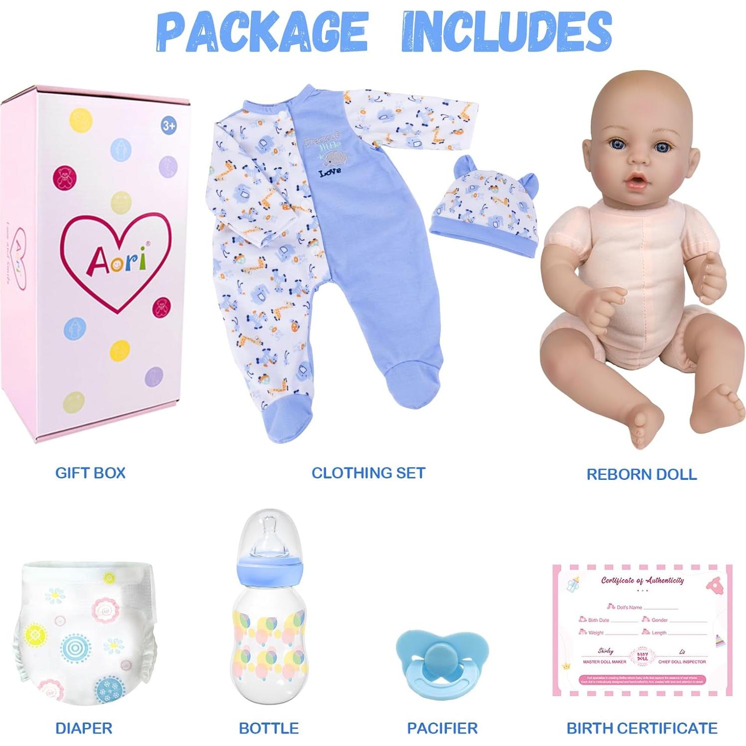 Muñeco de bebé renacido Aori 45.72 cm con set azul