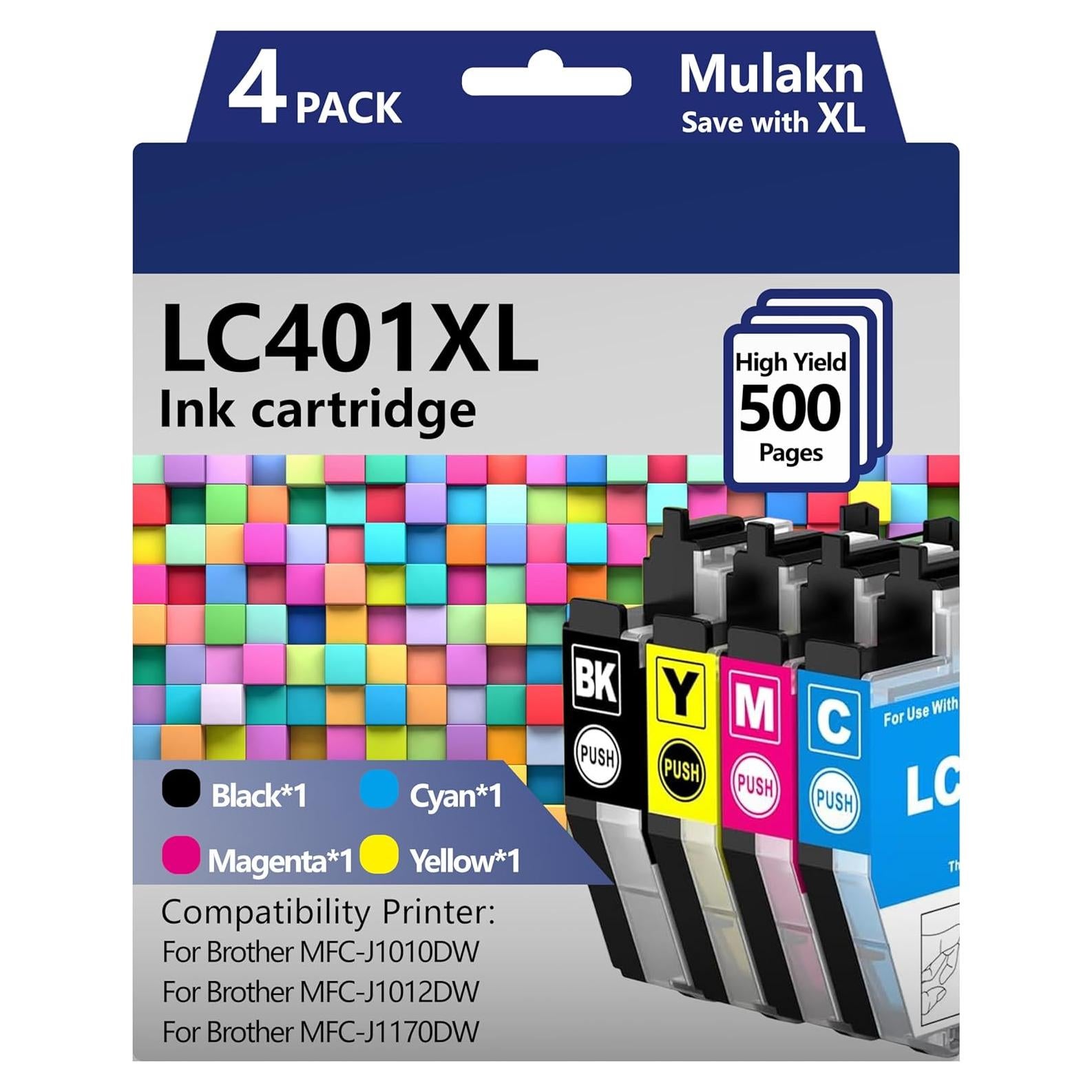 Cartuchos de Tinta Mulakn LC401XL para Brother - 4PK (Negro, Cian, Magenta, Amarillo)