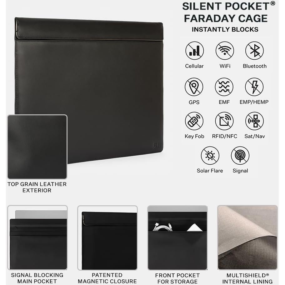 Bolsa Faraday Silent Pocket Cuero Negro 13" Protección Signal