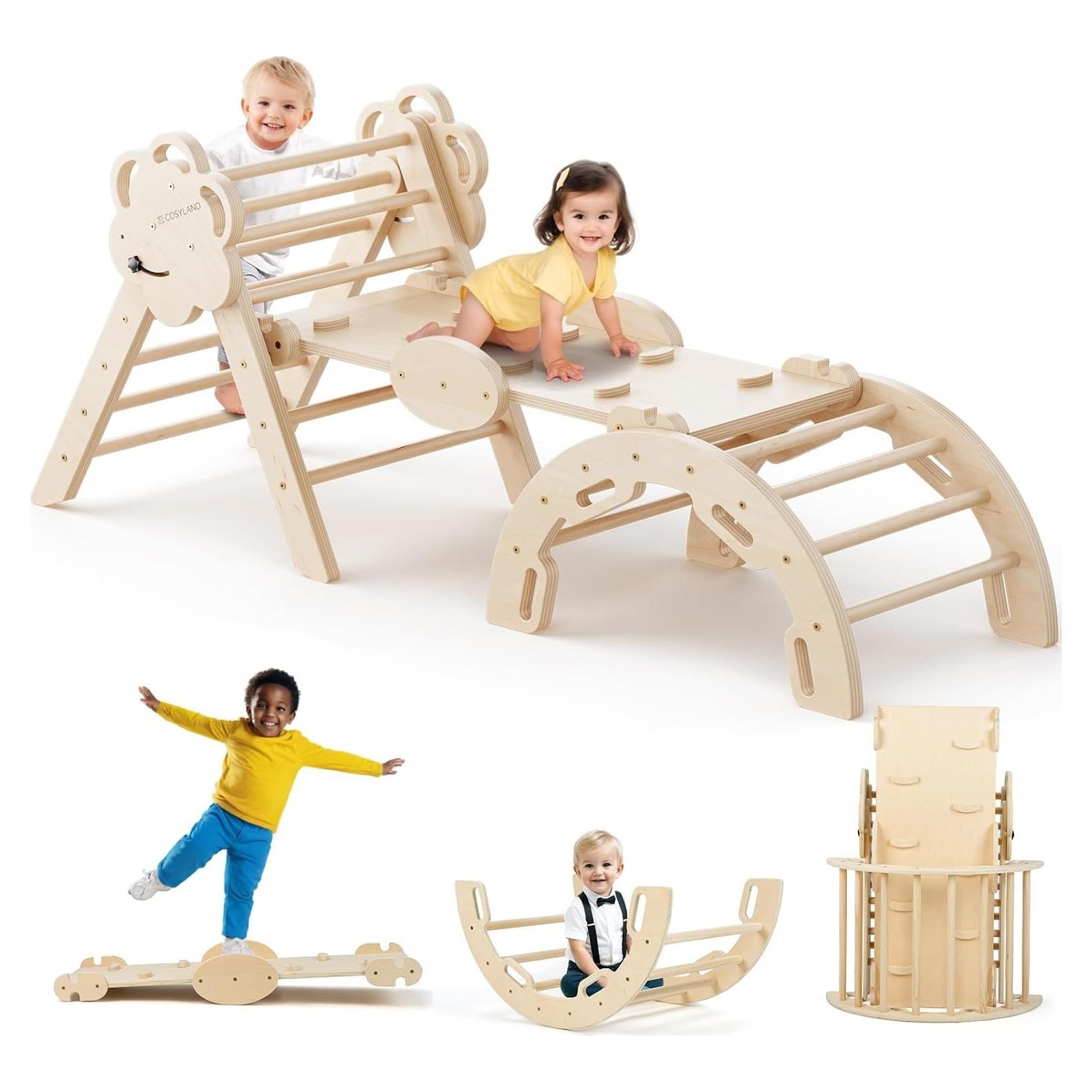 COSYLAND Conjunto Triángulo Pikler 8 en 1 Madera Natural