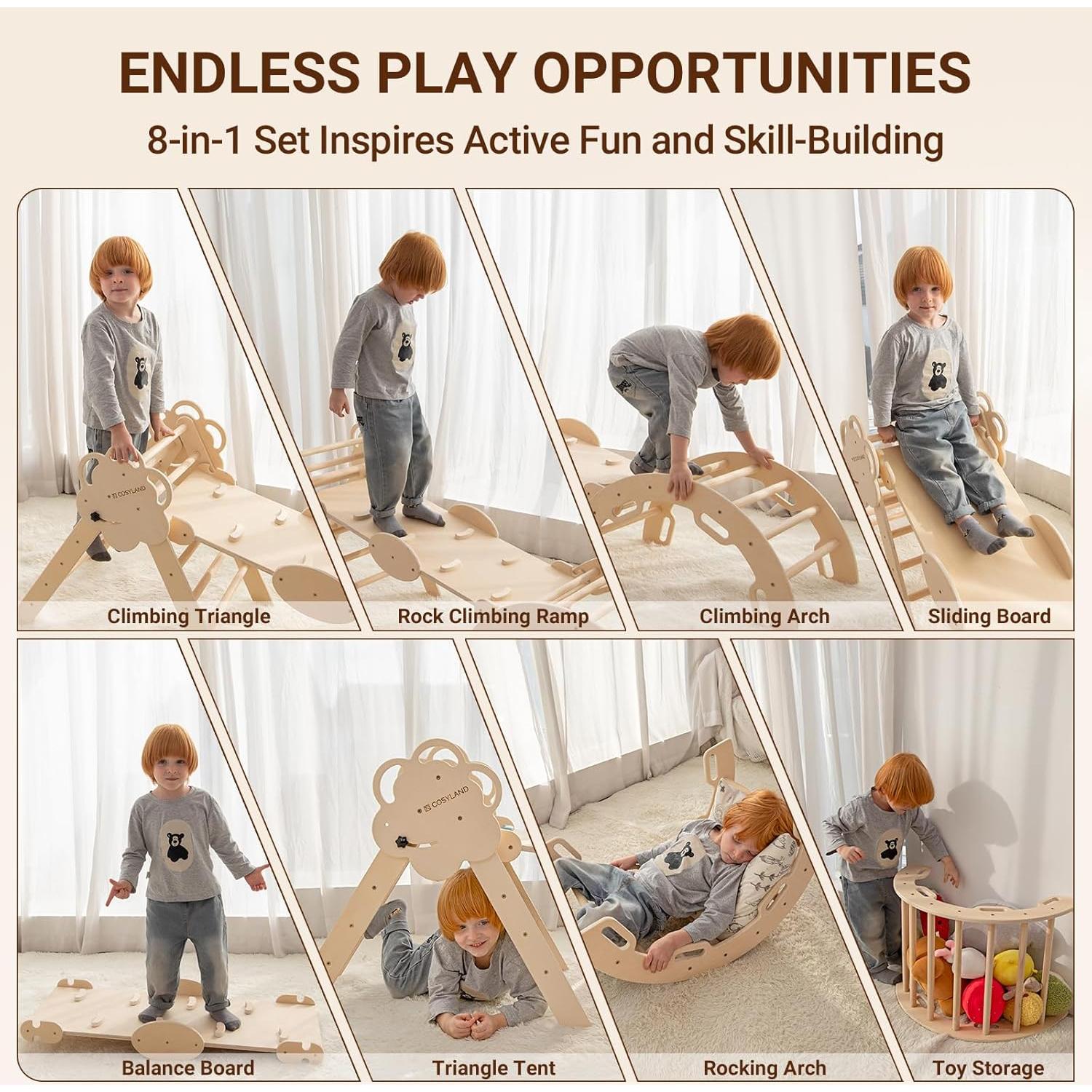 COSYLAND Conjunto Triángulo Pikler 8 en 1 Madera Natural