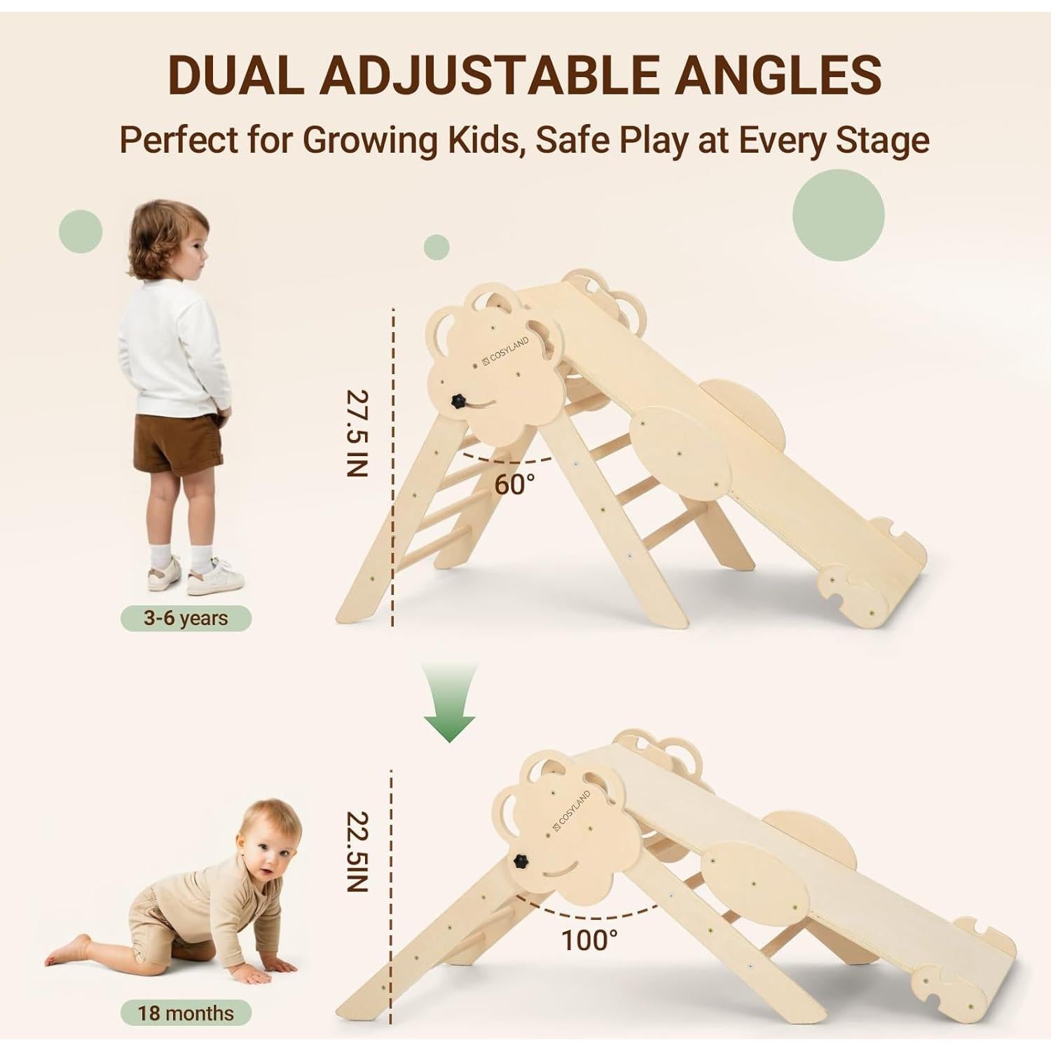 COSYLAND Conjunto Triángulo Pikler 8 en 1 Madera Natural