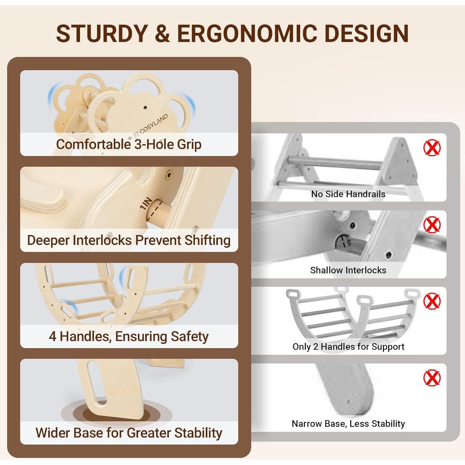 COSYLAND Conjunto Triángulo Pikler 8 en 1 Madera Natural
