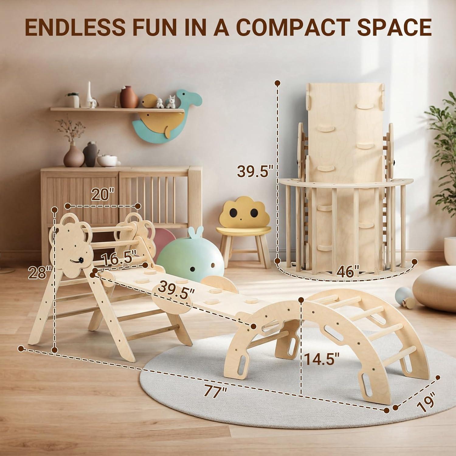 COSYLAND Conjunto Triángulo Pikler 8 en 1 Madera Natural