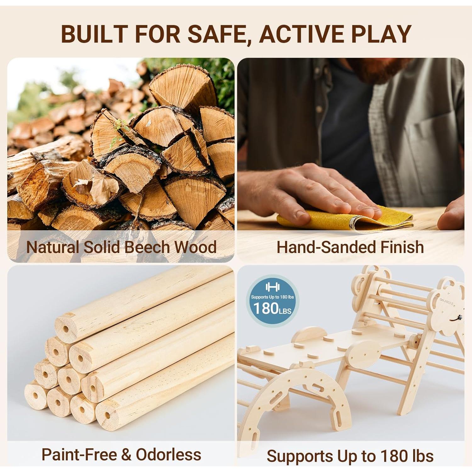 COSYLAND Conjunto Triángulo Pikler 8 en 1 Madera Natural