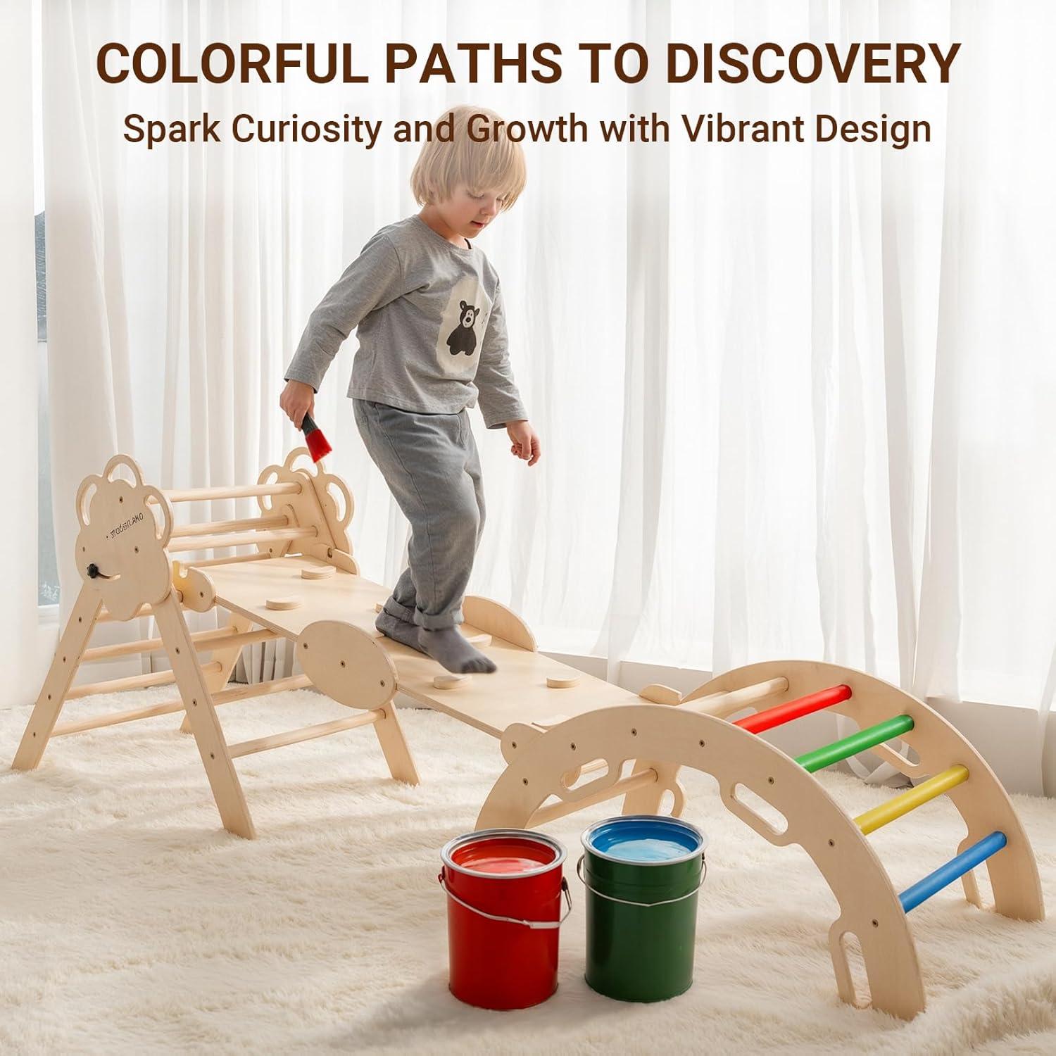 COSYLAND Conjunto Triángulo Pikler 8 en 1 Madera Natural