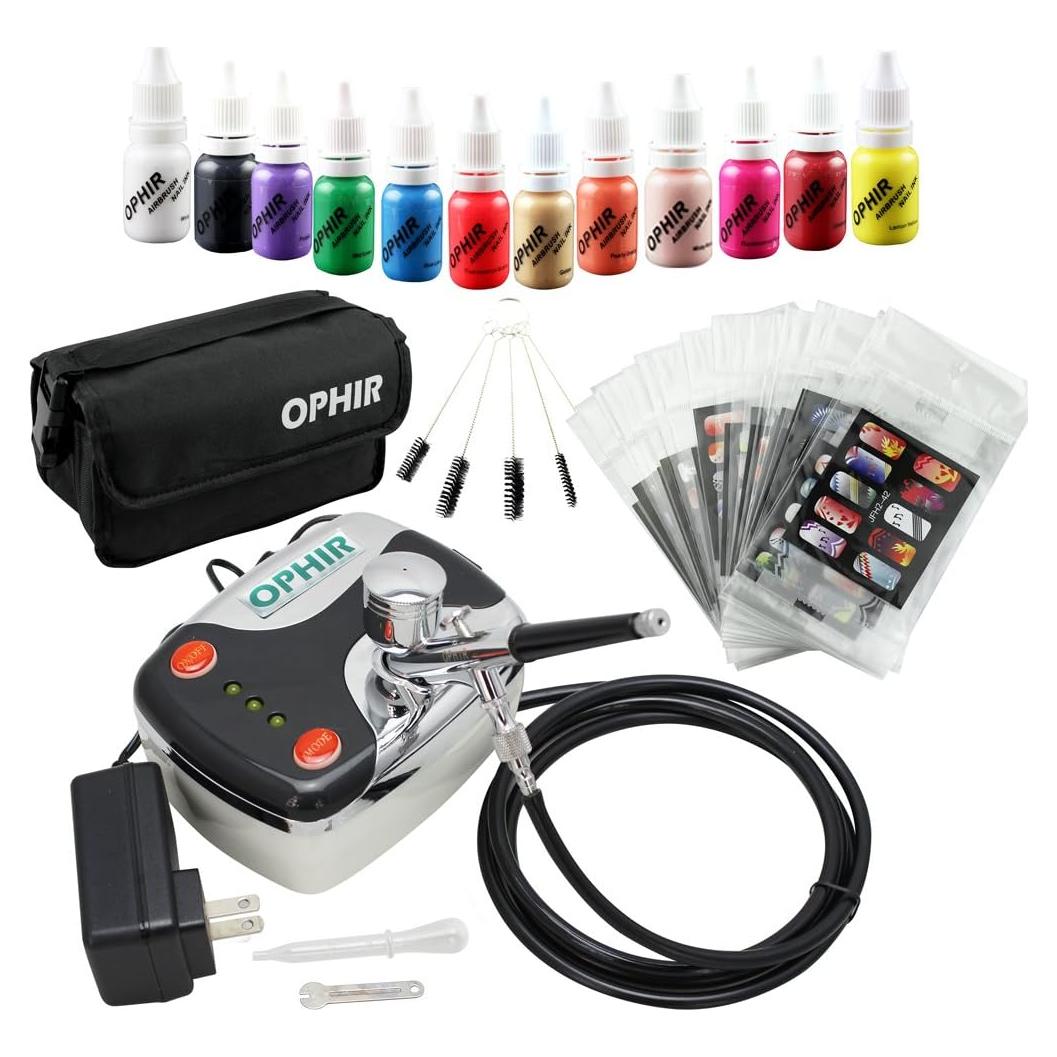 Kit de Aerógrafo para Uñas OPHIR con Compresor y 12 Tintas