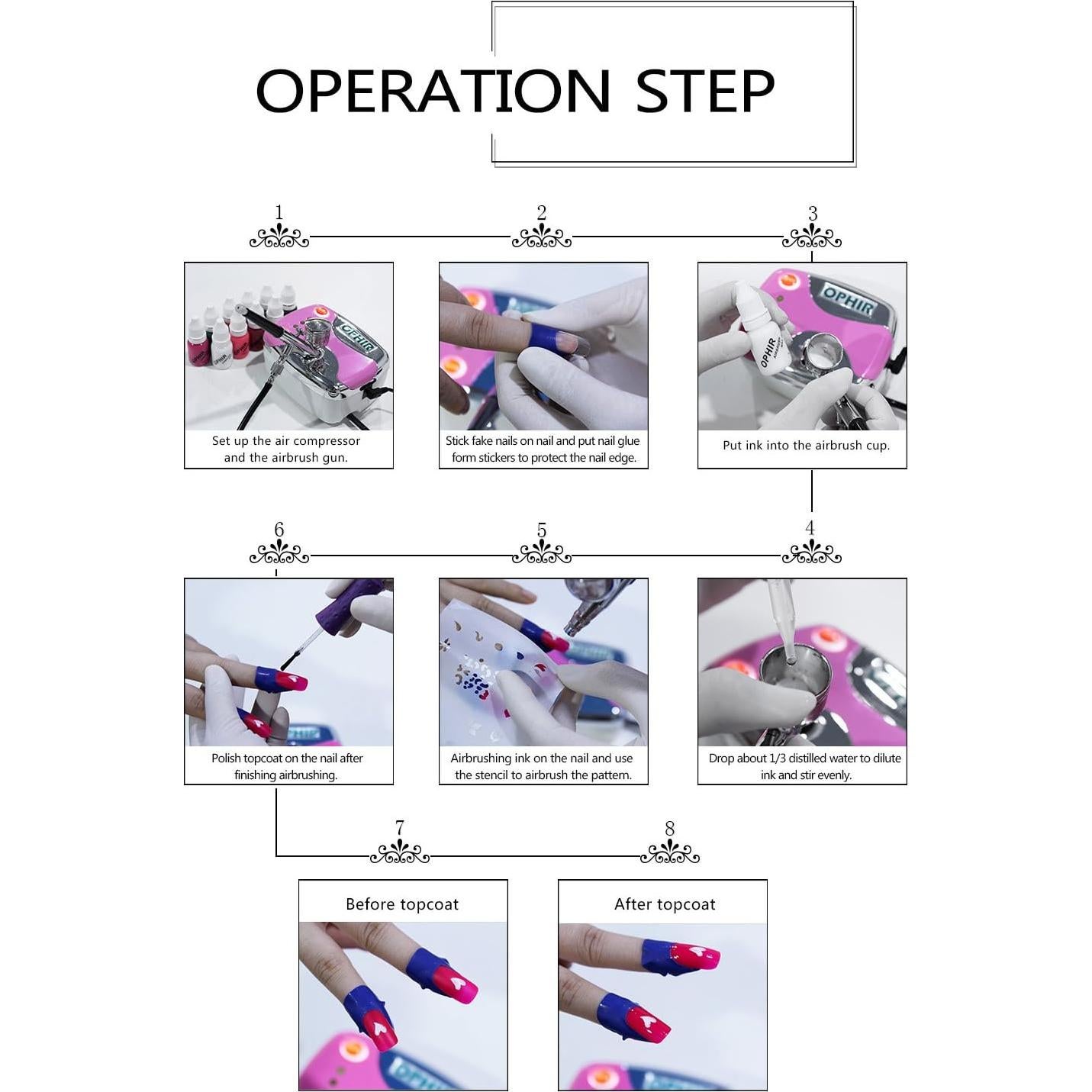 Kit de Aerógrafo para Uñas OPHIR con Compresor y 12 Tintas