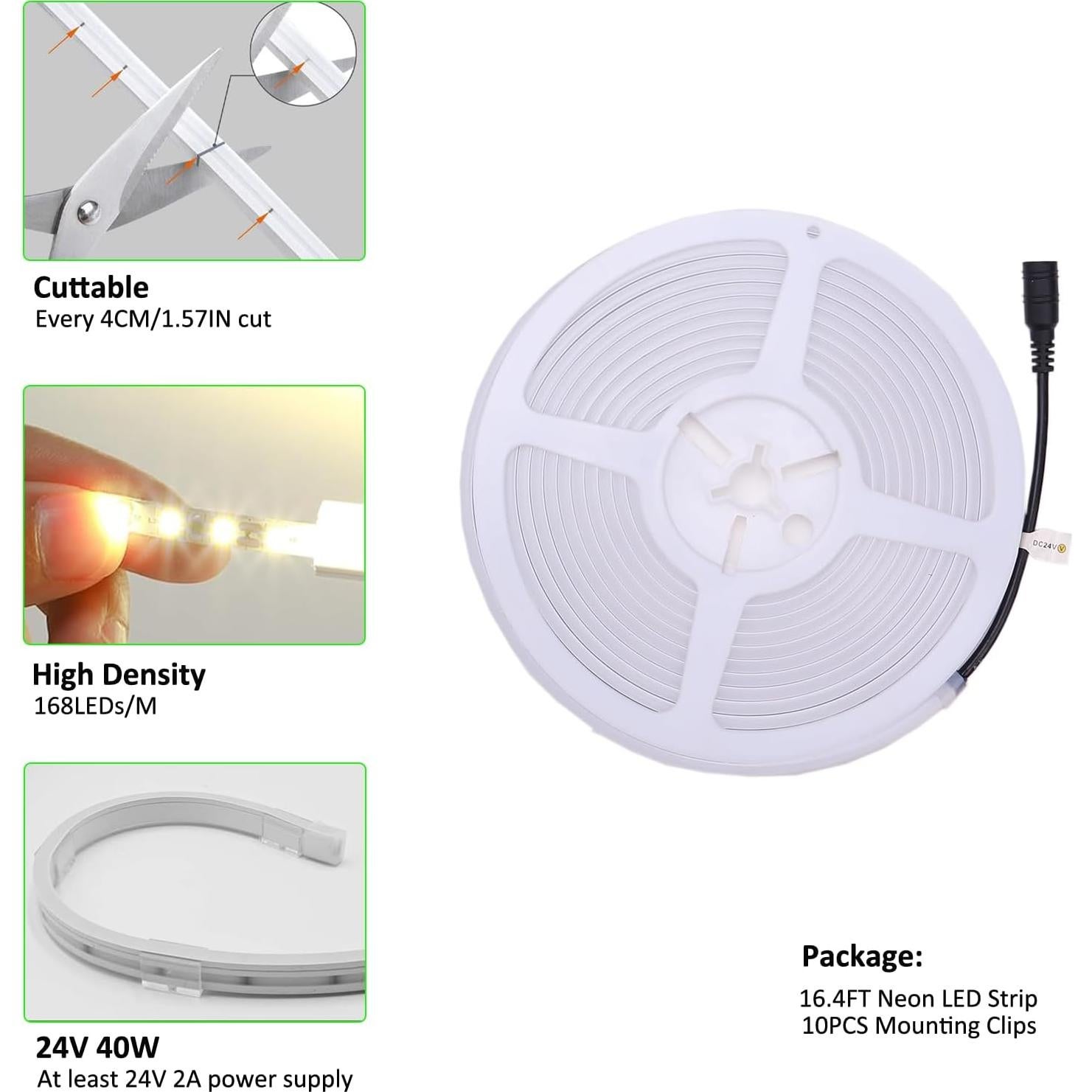 Tira LED Neón JOYLIT 4x10MM 24V IP67 5M 3000K Blanco Cálido