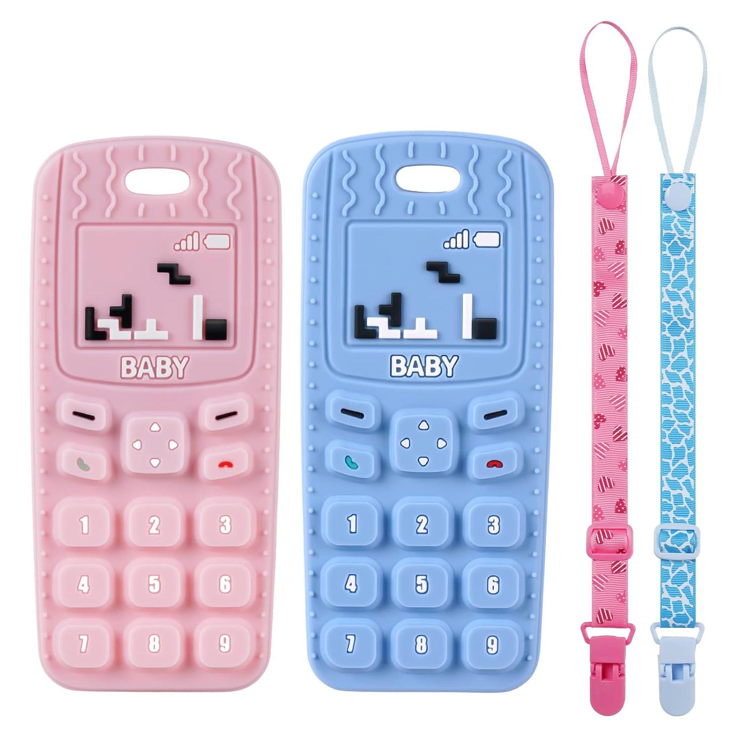 Mordedores de Silicona para Bebés 2PCS Teléfono Azul/Rosa