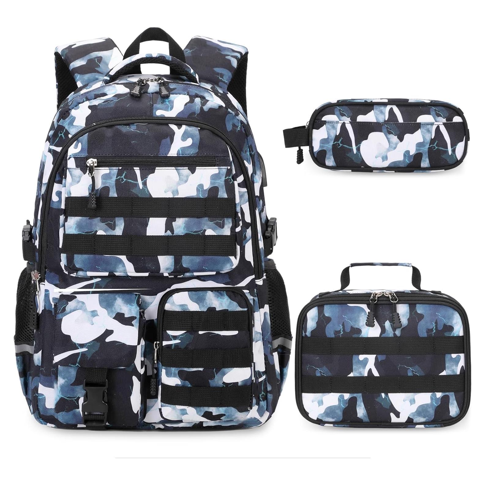 Mochila Camo Táctica Niños 30x45cm con Almuerzo y Estuche