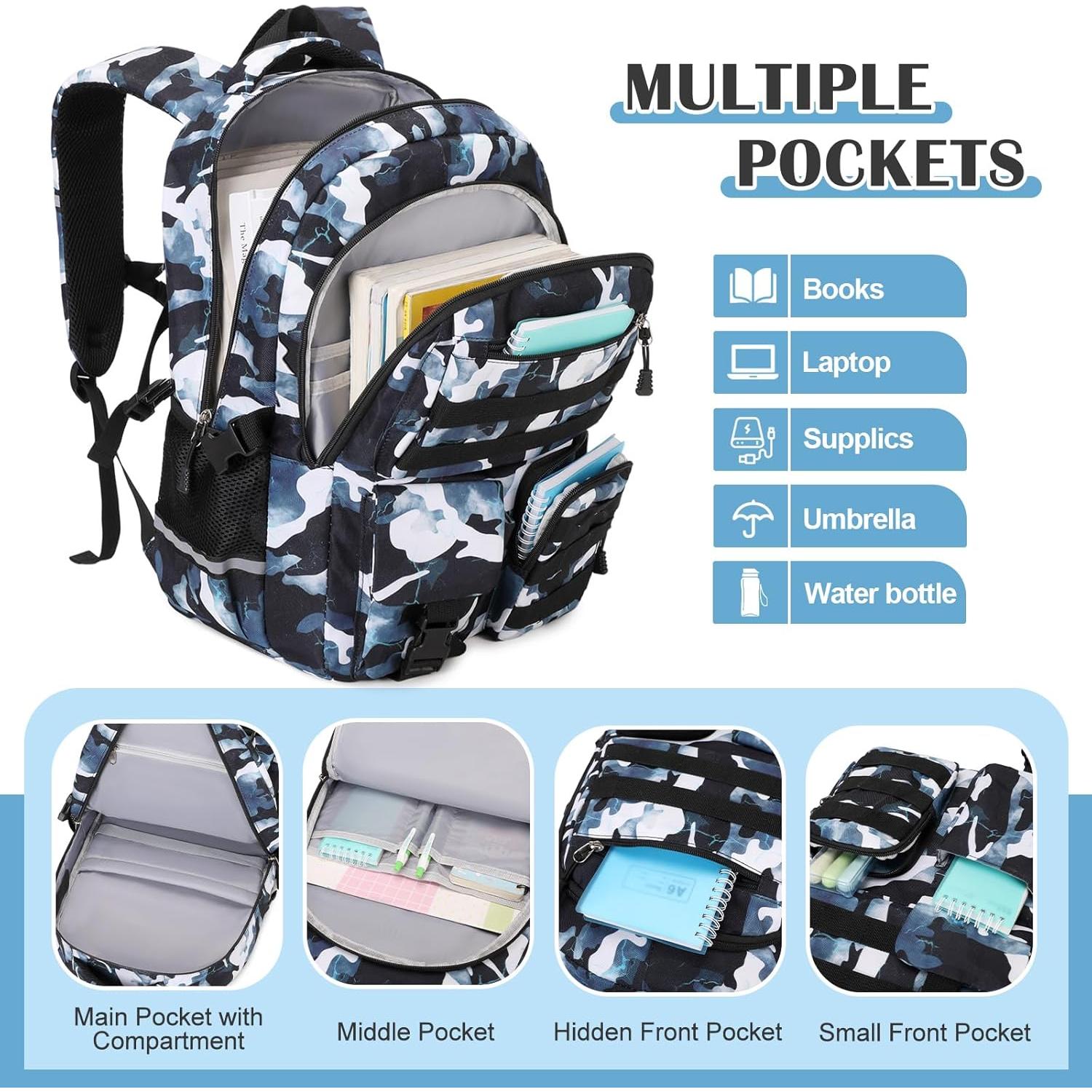 Mochila Camo Táctica Niños 30x45cm con Almuerzo y Estuche