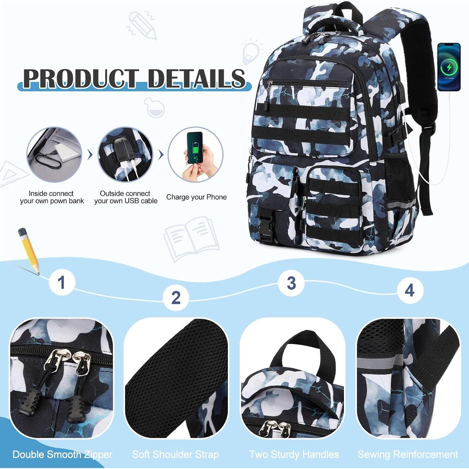 Mochila Camo Táctica Niños 30x45cm con Almuerzo y Estuche