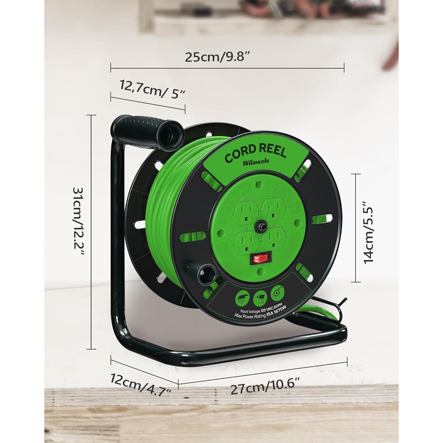 Carrete de Almacenamiento de Cable WILAWELS 15A 30.48m Verde