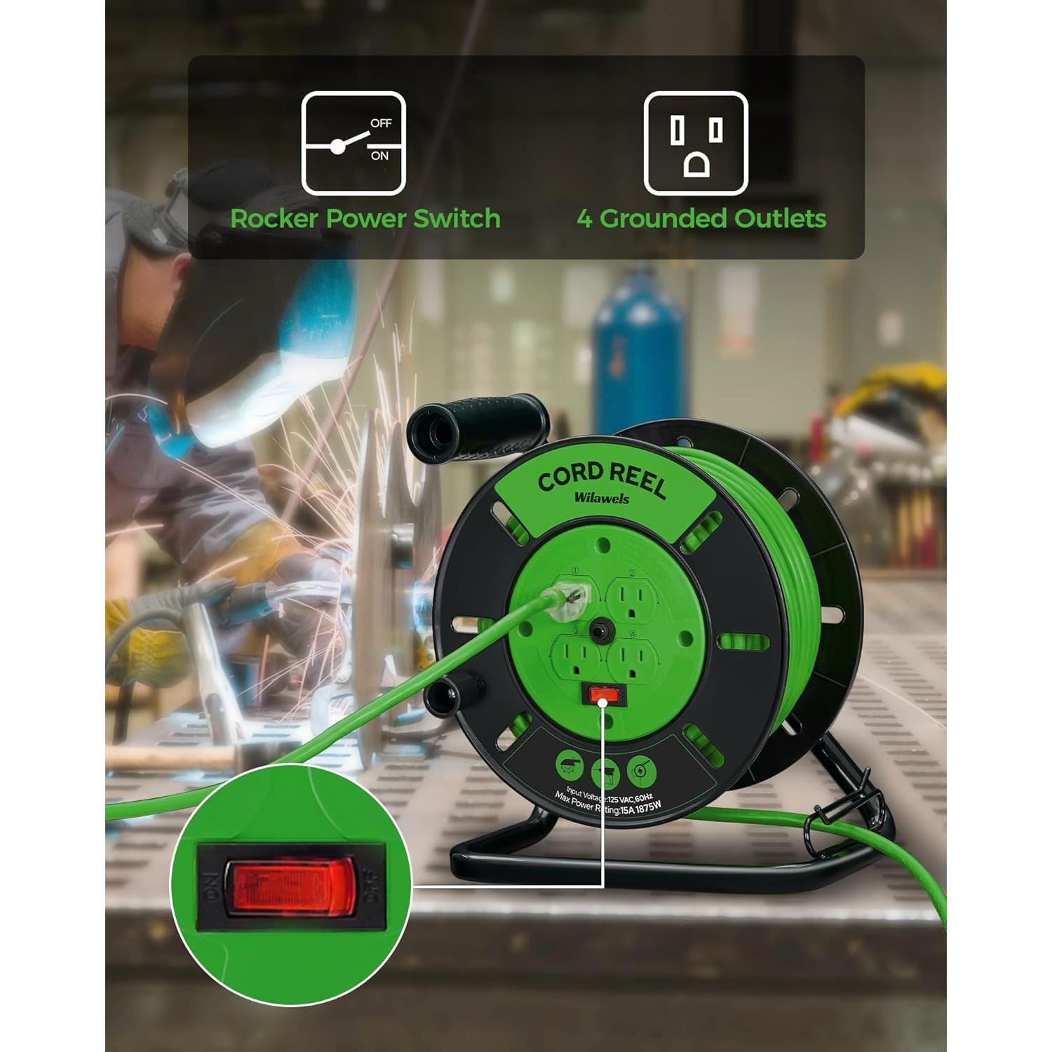 Carrete de Almacenamiento de Cable WILAWELS 15A 30.48m Verde