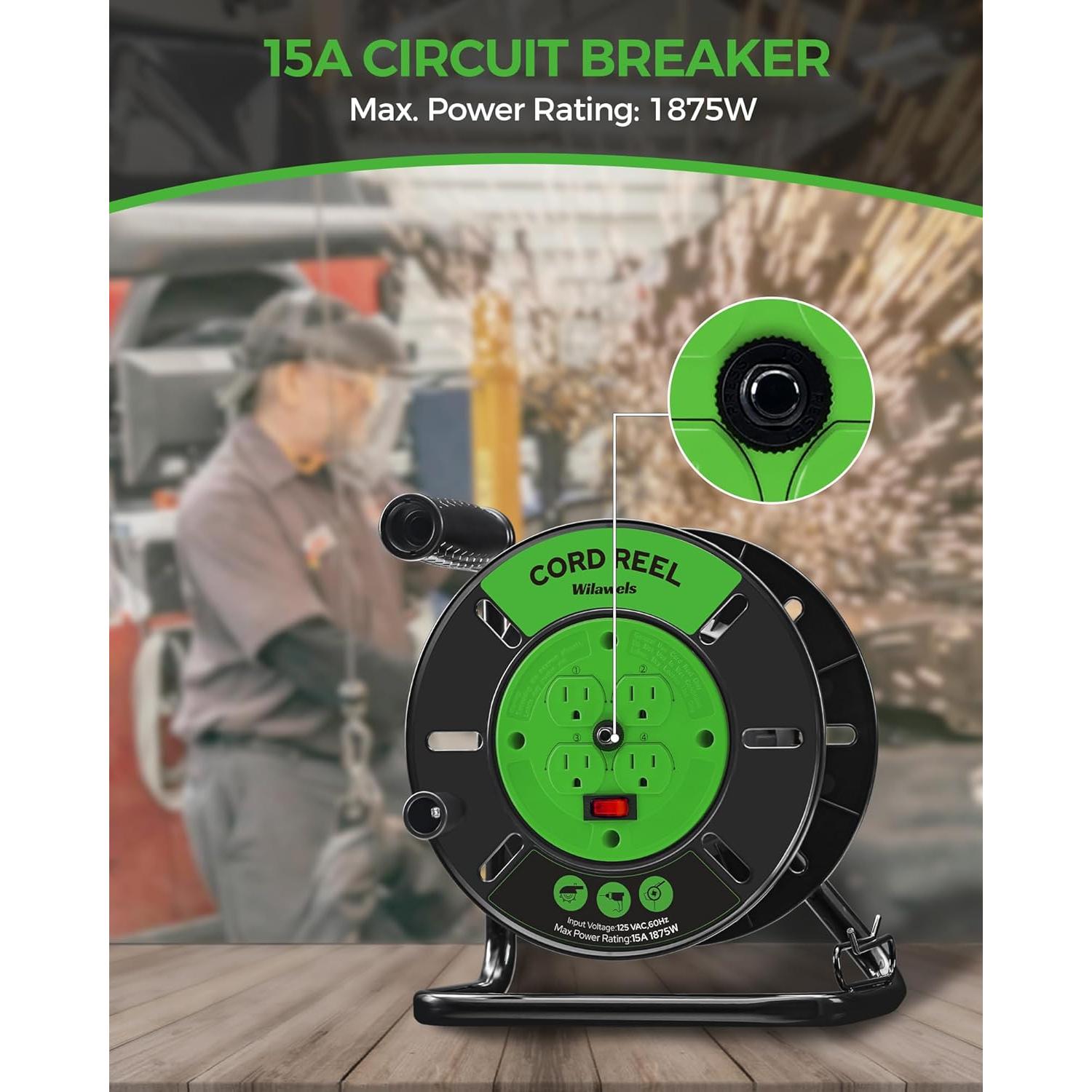 Carrete de Almacenamiento de Cable WILAWELS 15A 30.48m Verde