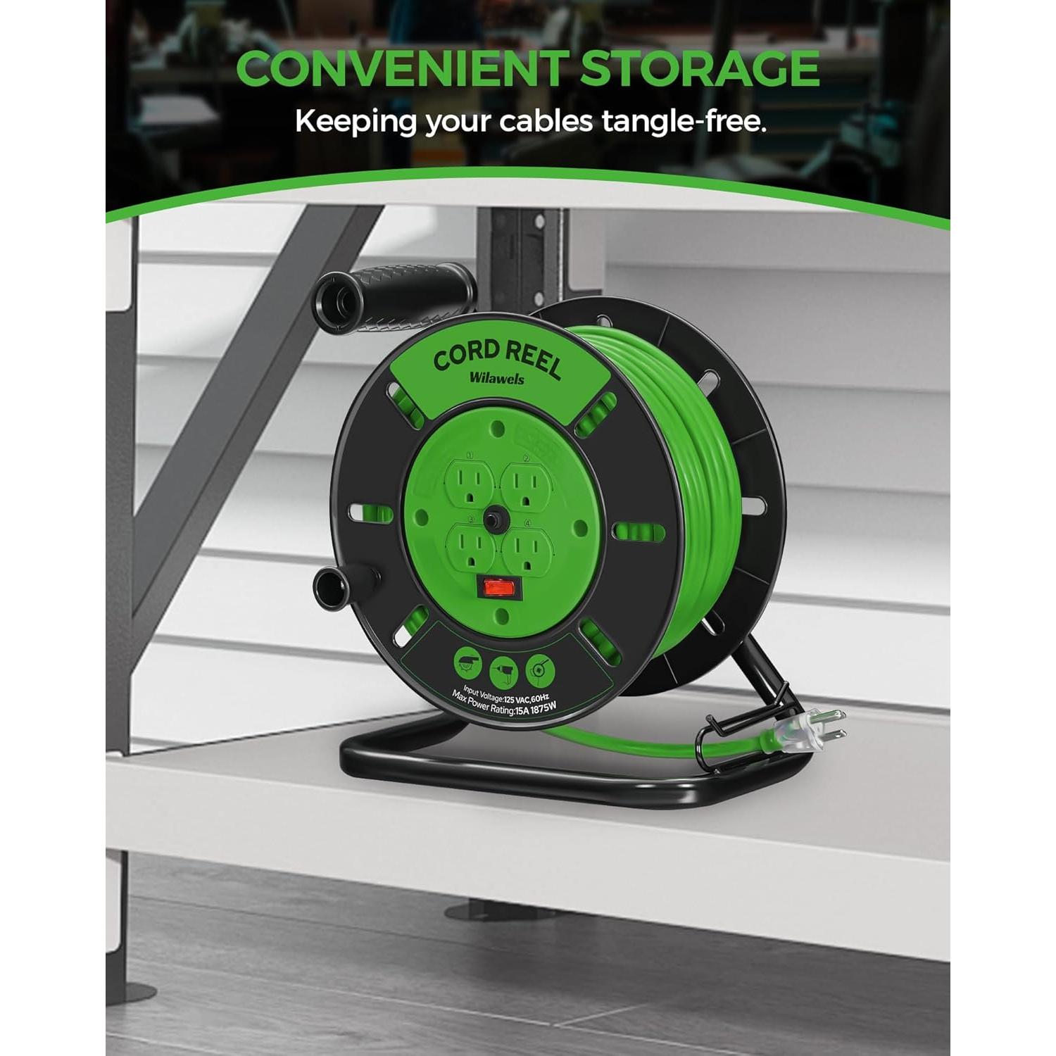 Carrete de Almacenamiento de Cable WILAWELS 15A 30.48m Verde