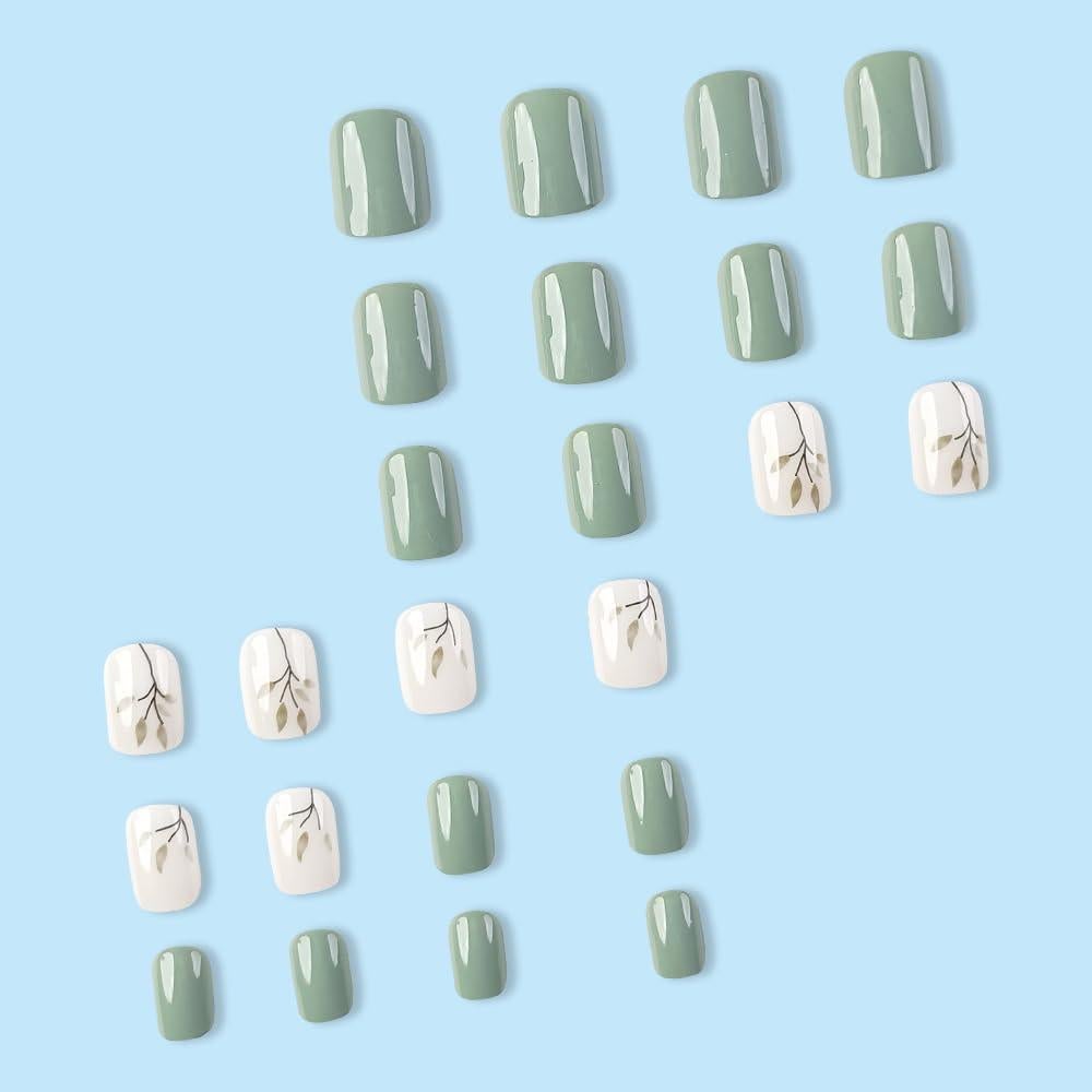 Uñas Postizas Cortas Cuadradas OHWODA 24 Piezas Verde Lago