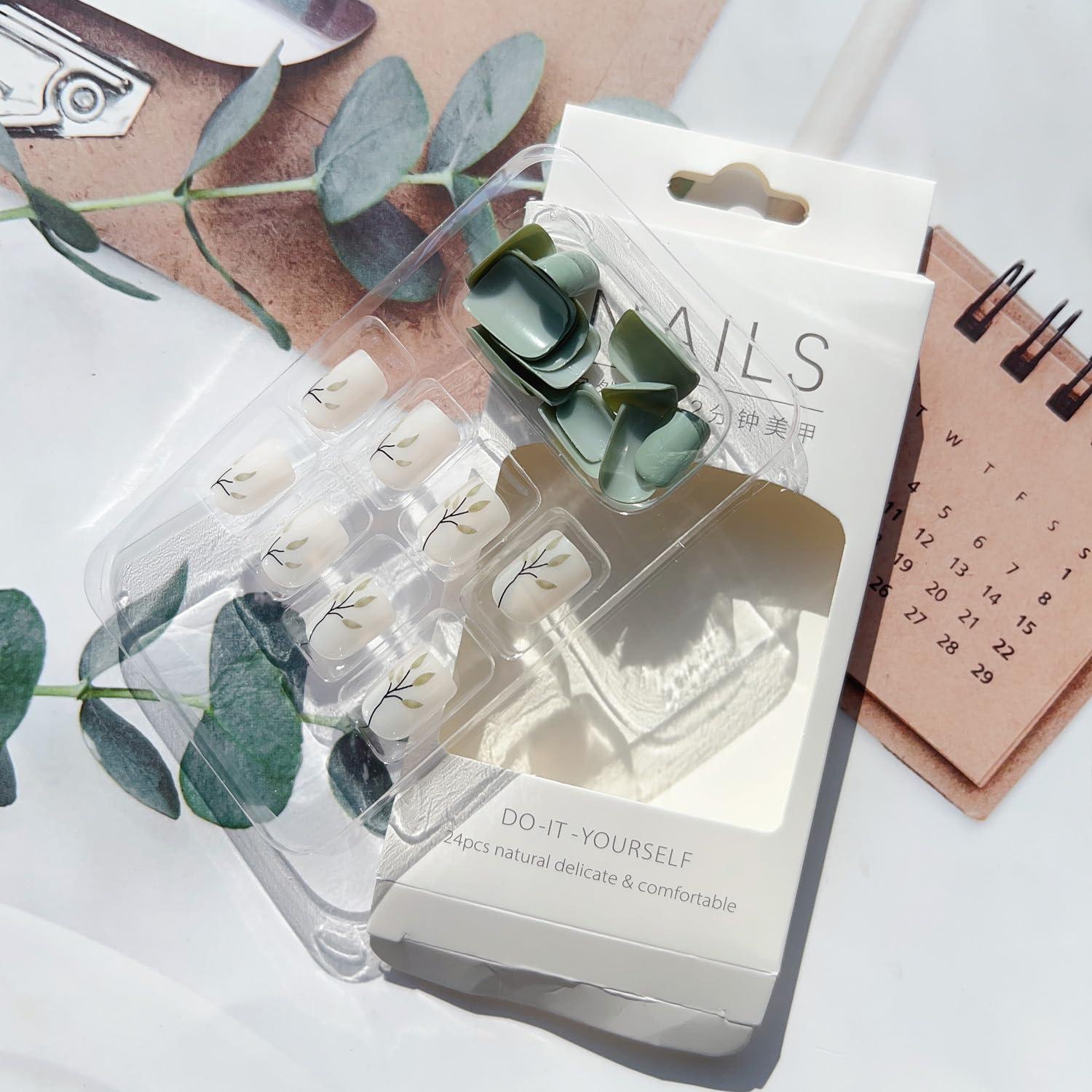 Uñas Postizas Cortas Cuadradas OHWODA 24 Piezas Verde Lago