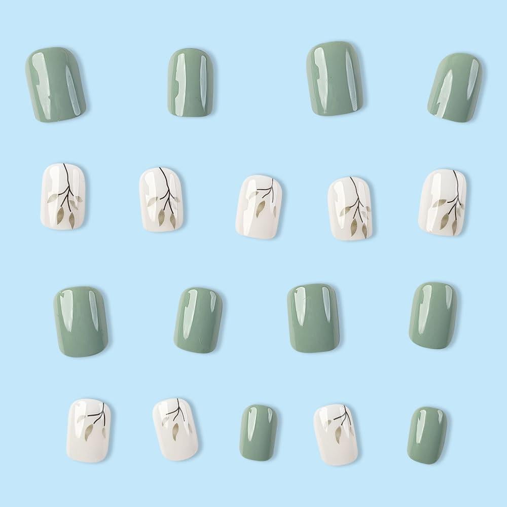 Uñas Postizas Cortas Cuadradas OHWODA 24 Piezas Verde Lago