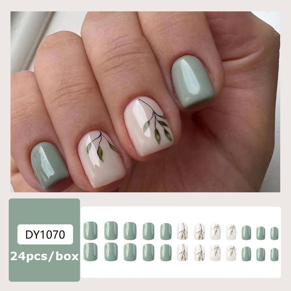 Uñas Postizas Cortas Cuadradas OHWODA 24 Piezas Verde Lago