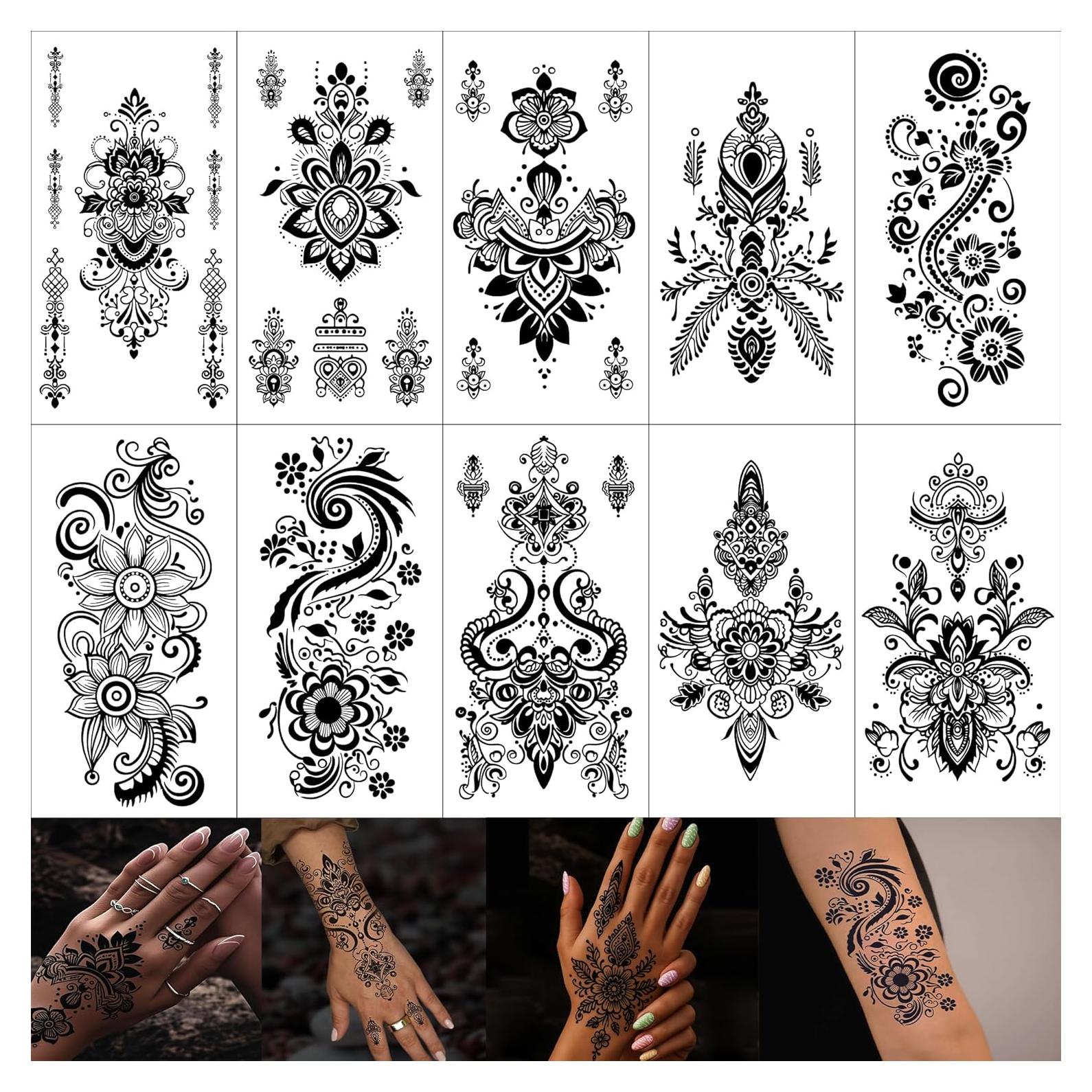 10 Hojas Tatuajes Temporales Henna Negra FUNTATTOO