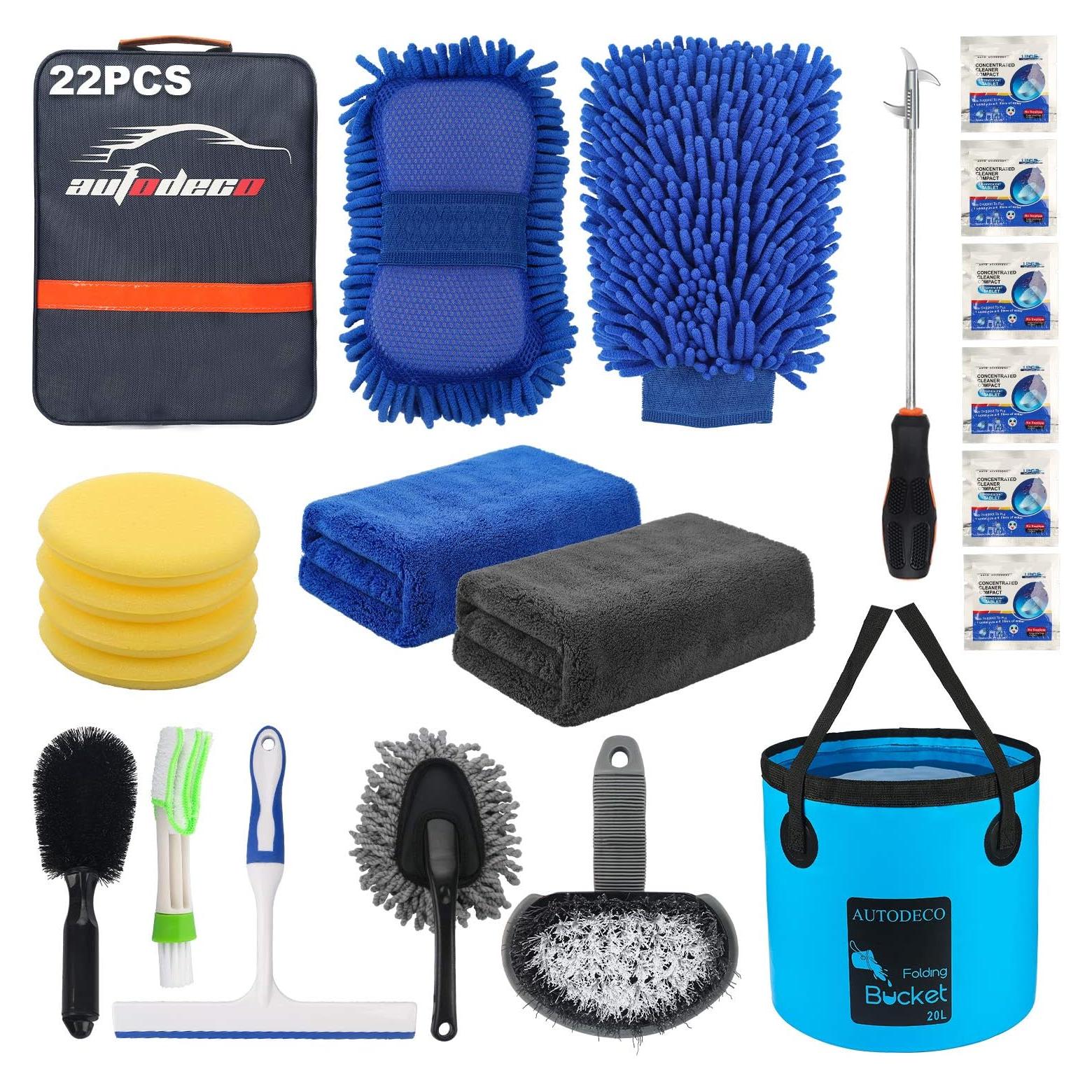 Kit de Limpieza para Autos AUTODECO 22 Piezas con Cubo Plegable