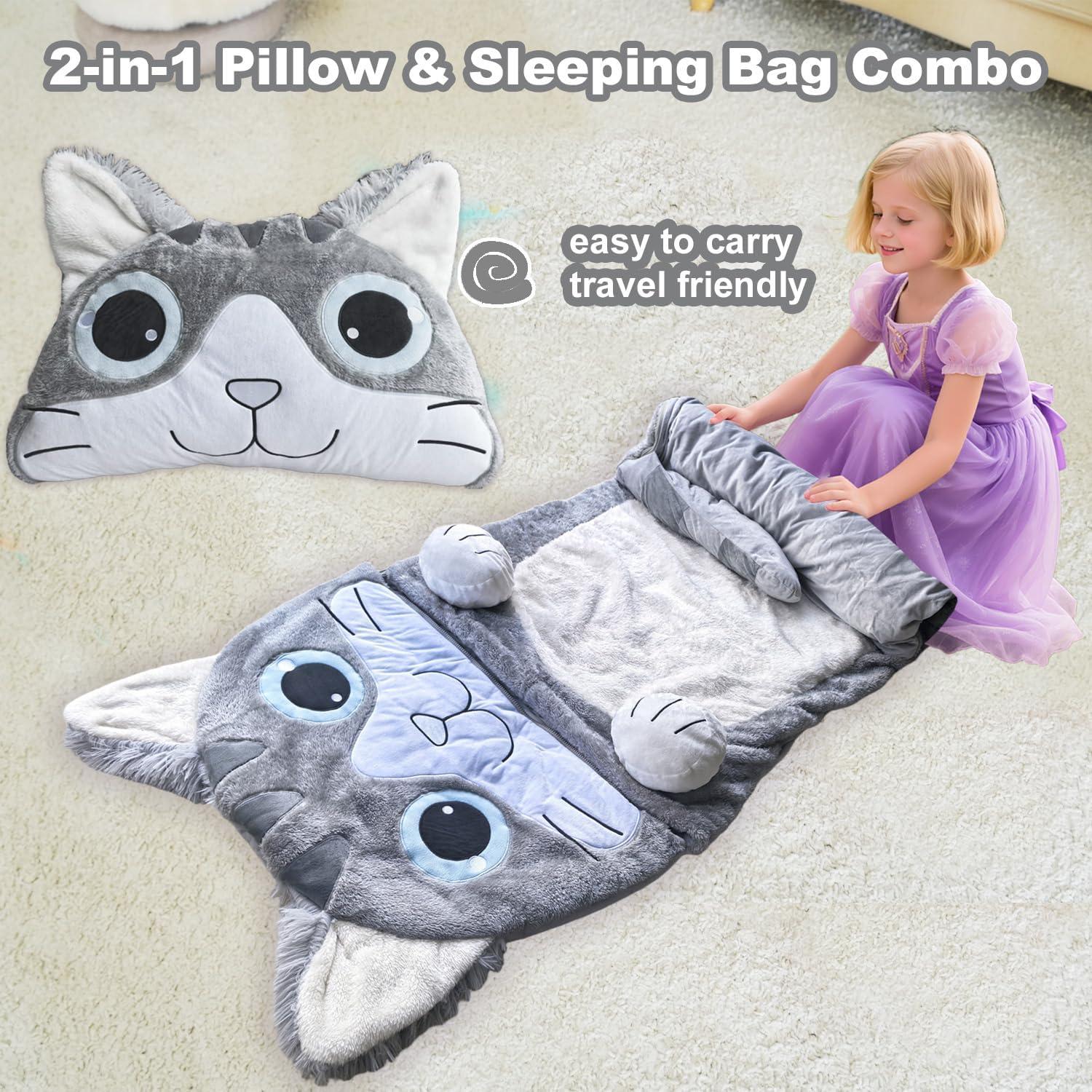 Saco de dormir Micling gris gato para niños 3-12 años