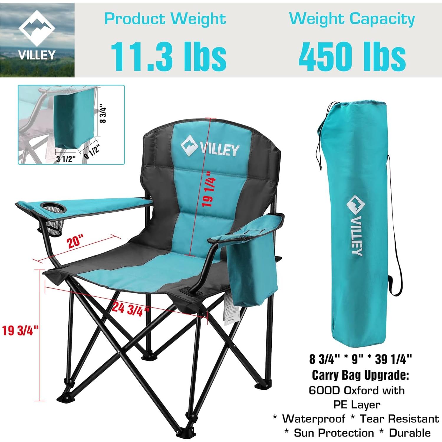 Silla de Camping Plegable VILLEY Azul Soporta 204 kg con Enfriador