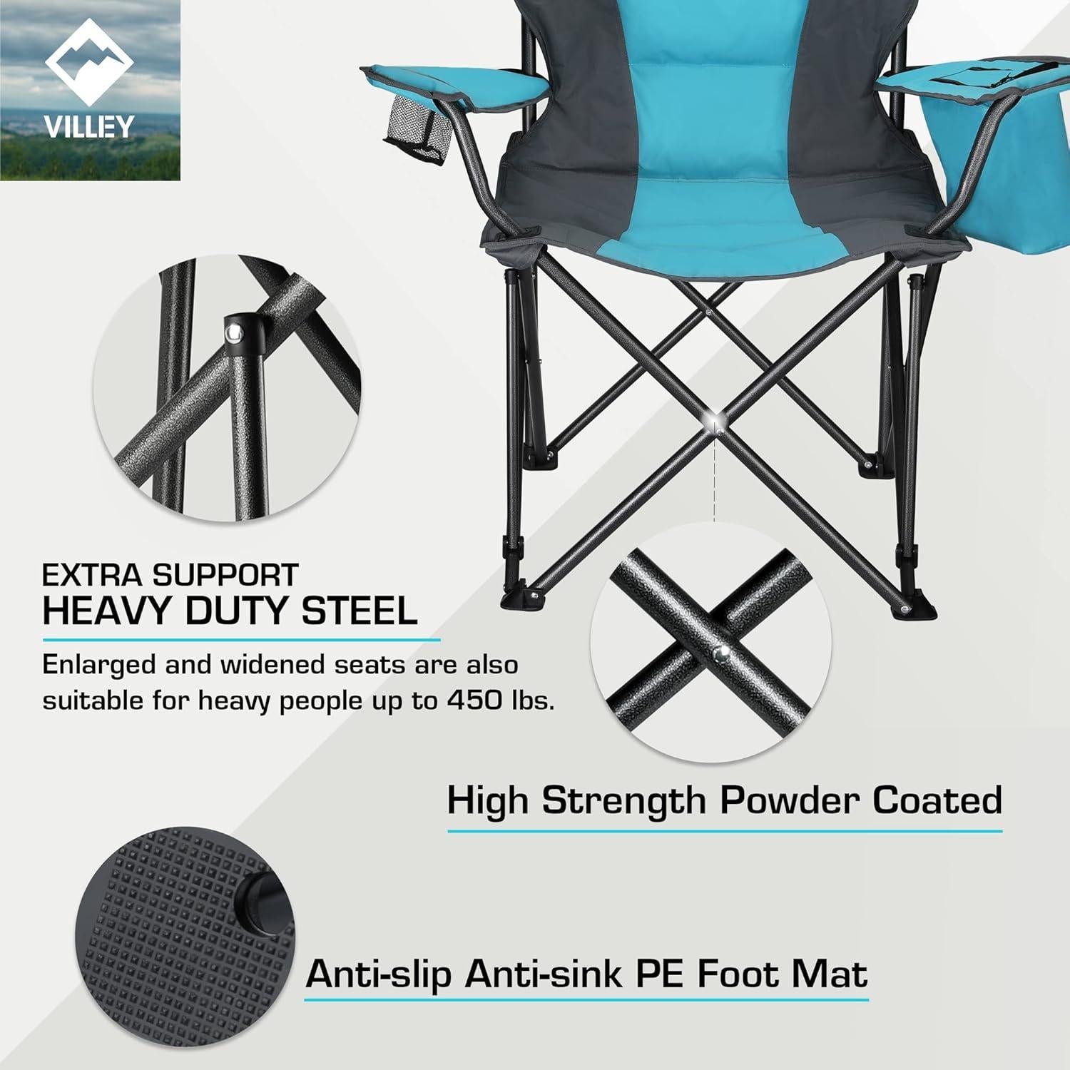 Silla de Camping Plegable VILLEY Azul Soporta 204 kg con Enfriador