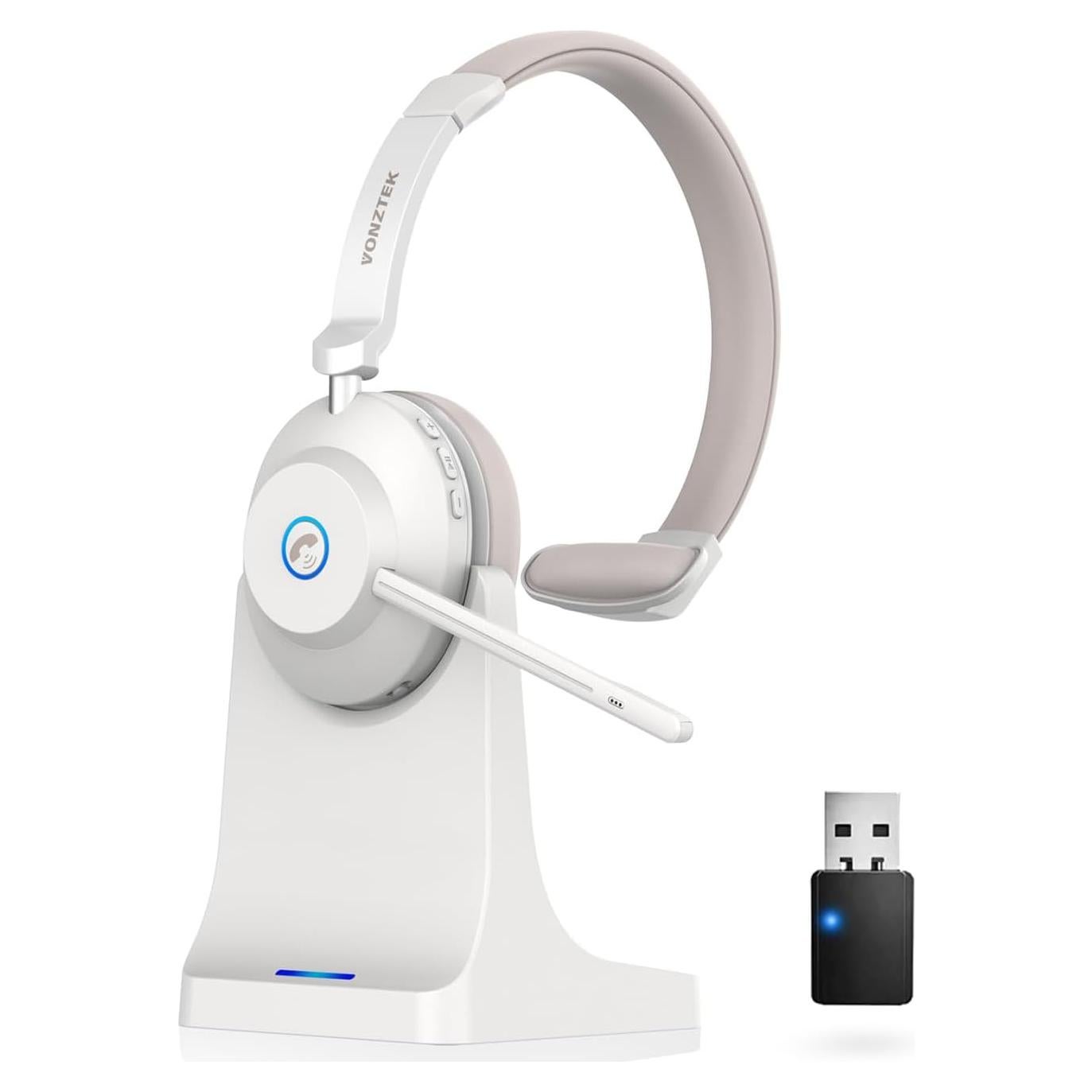 Wireless Headset with Mic for Work, Bluetooth Headset Mic Mute & USB Dongle, 45H+ Wireless Headphones with Microphone Noise Canceling & Charging Dock for Work/Office/PC/Meeting/MS Teams