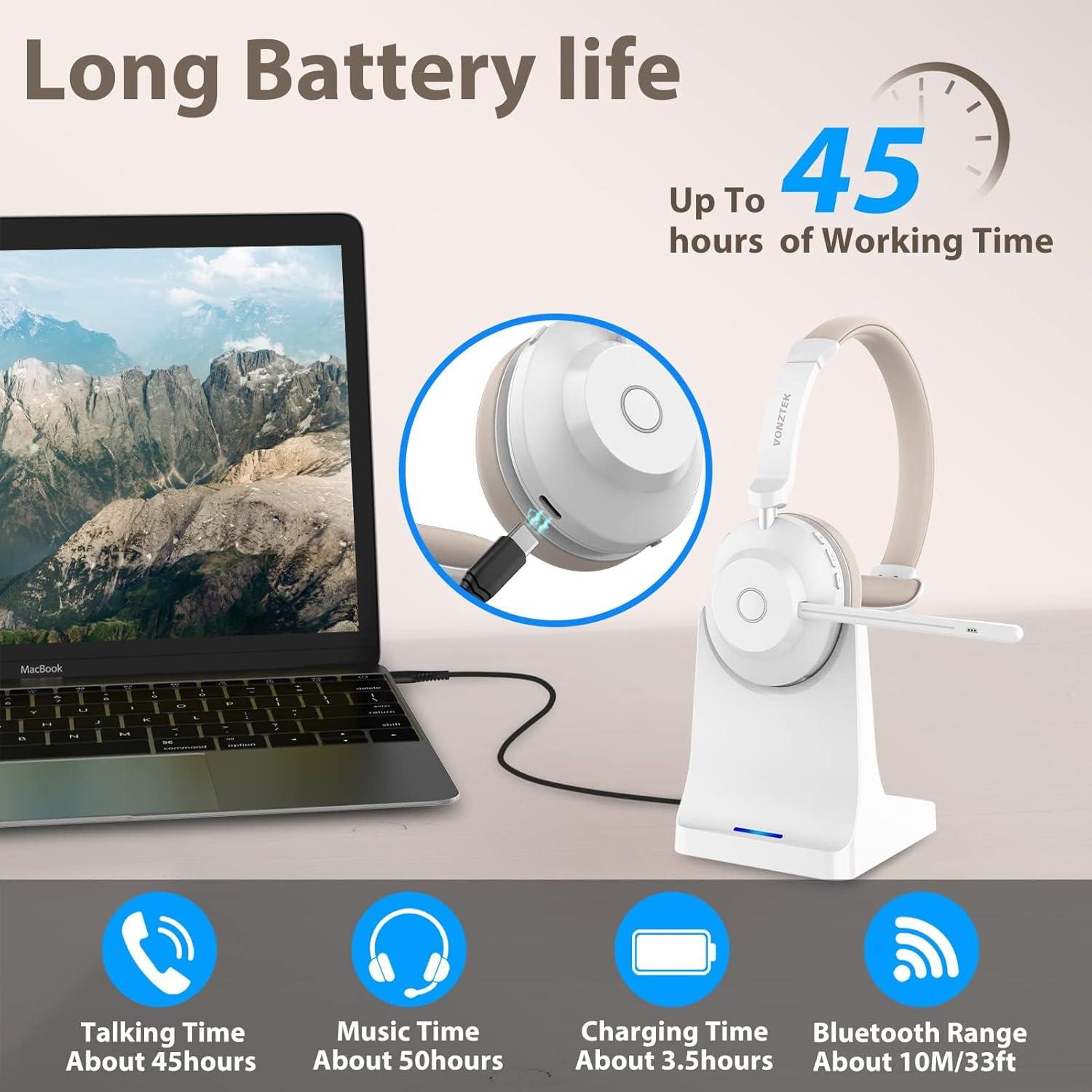 Wireless Headset with Mic for Work, Bluetooth Headset Mic Mute & USB Dongle, 45H+ Wireless Headphones with Microphone Noise Canceling & Charging Dock for Work/Office/PC/Meeting/MS Teams