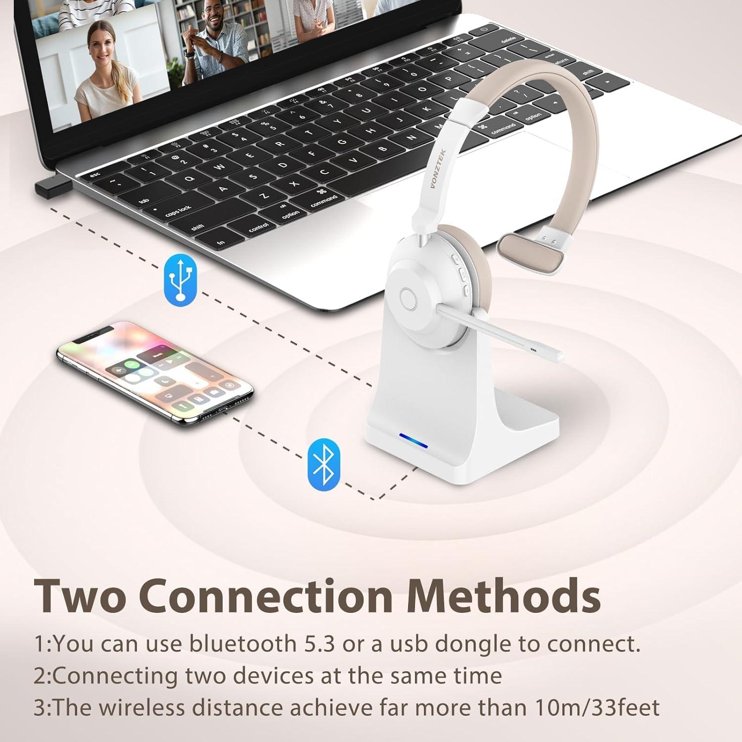 Wireless Headset with Mic for Work, Bluetooth Headset Mic Mute & USB Dongle, 45H+ Wireless Headphones with Microphone Noise Canceling & Charging Dock for Work/Office/PC/Meeting/MS Teams