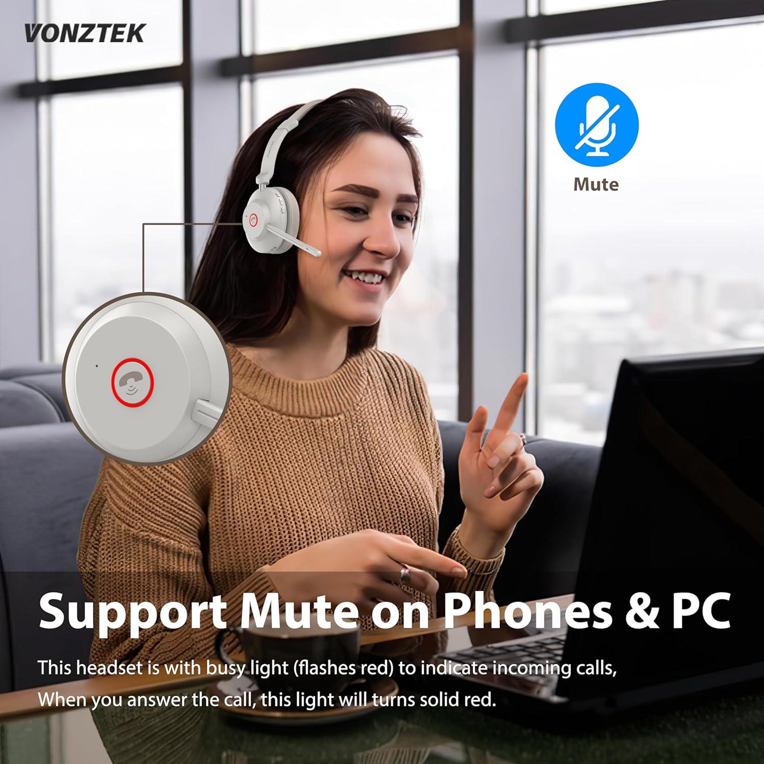 Wireless Headset with Mic for Work, Bluetooth Headset Mic Mute & USB Dongle, 45H+ Wireless Headphones with Microphone Noise Canceling & Charging Dock for Work/Office/PC/Meeting/MS Teams