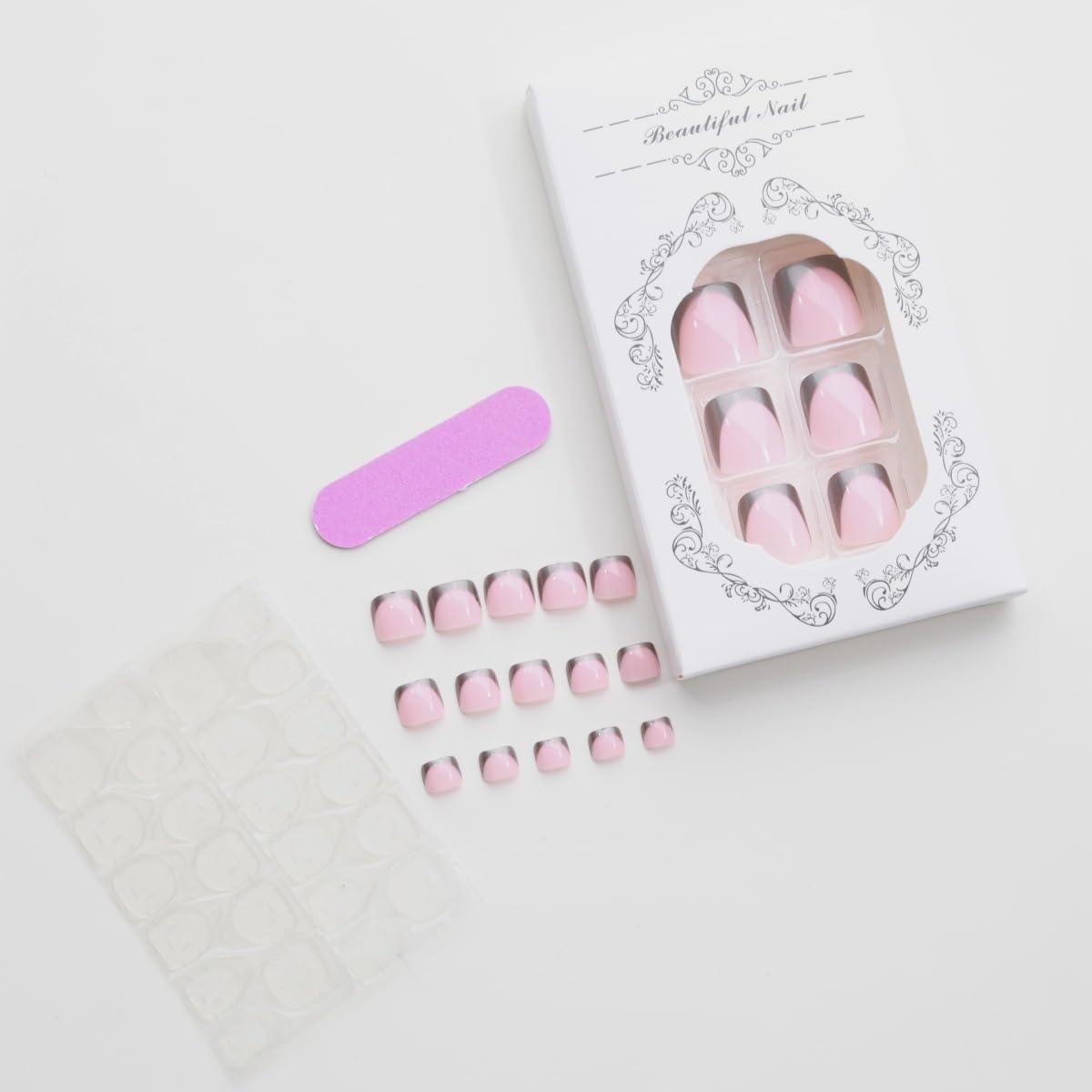 Uñas Postizas Cortas Genéricas Punta Francesa Plateada 24 Pzas