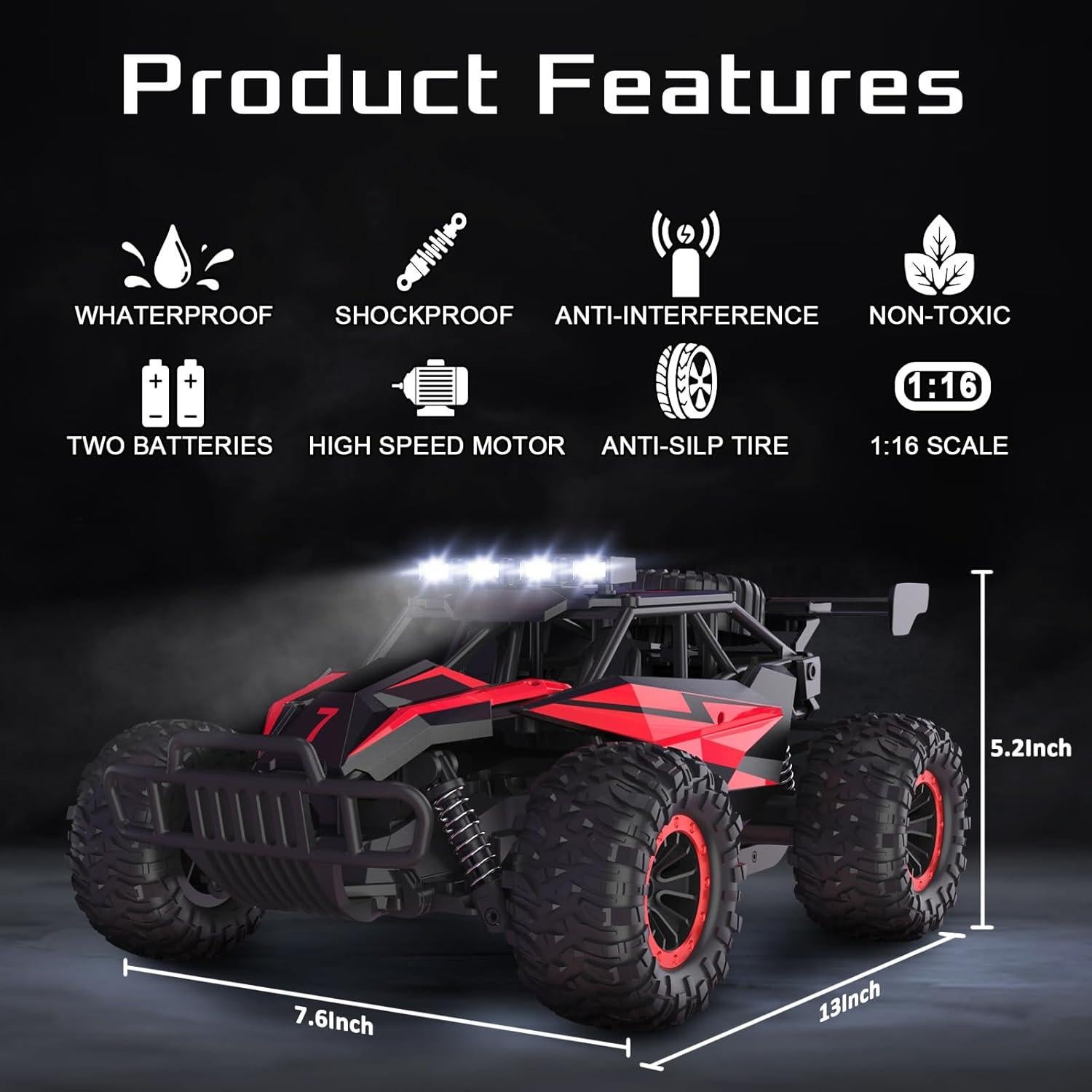 Coche RC LARVEY 1:16 Monstruo 20 Km/h LED Rojo